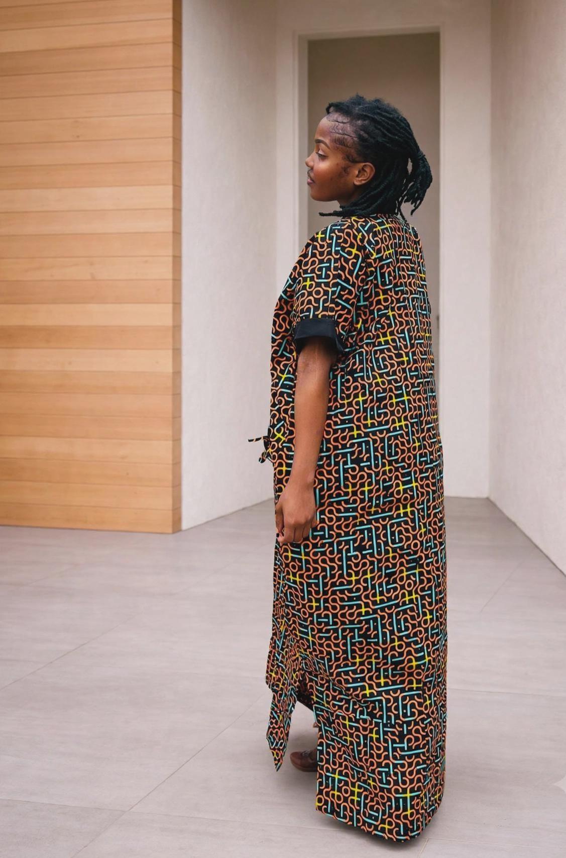 Tie-Front Ankara Kimono Maxi | Cuffed Satin-Trim Boubou, Red Gown