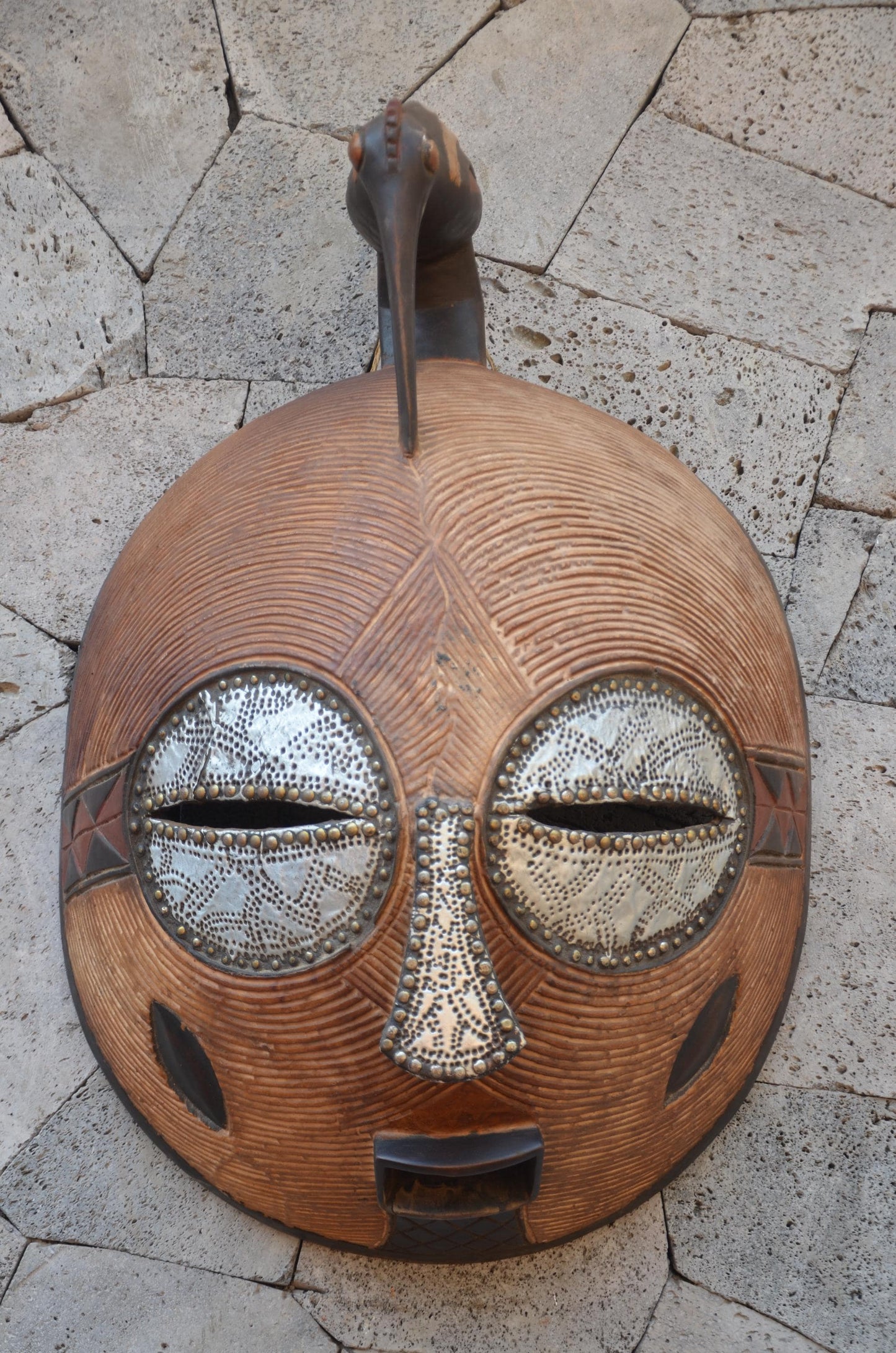 Luba Large African Mask – 33" Hand-Carved Wood & Brass Mask – Congo Wall Art.