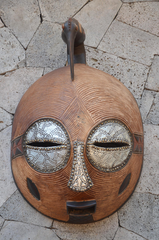 Luba Large African Mask – 33" Hand-Carved Wood & Brass Mask – Congo Wall Art.