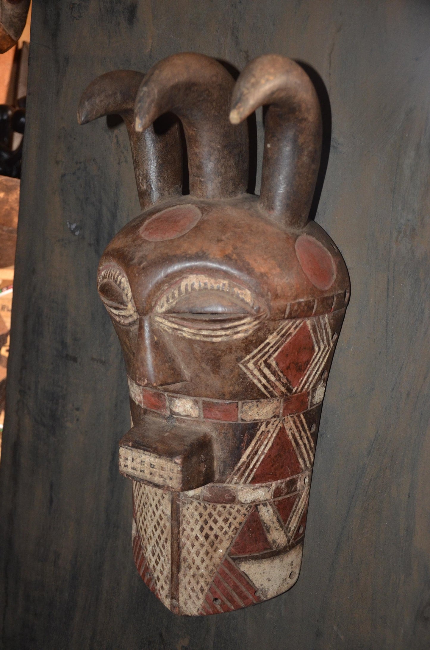 Marka Ntomo Polychrome Mask - 21" Authentic Mali Maraka Wood Carving, Three-Horned Initiation Face Mask.
