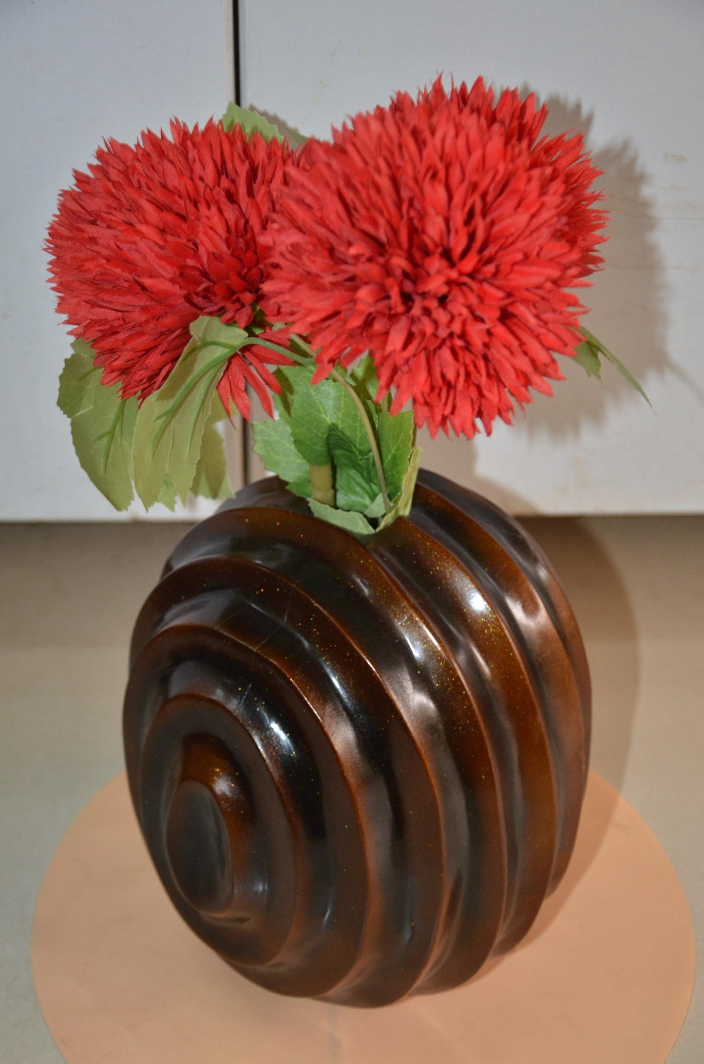 Spherical Wooden Ribbed Vase | Metallic Bronze Round Spiral Vessel