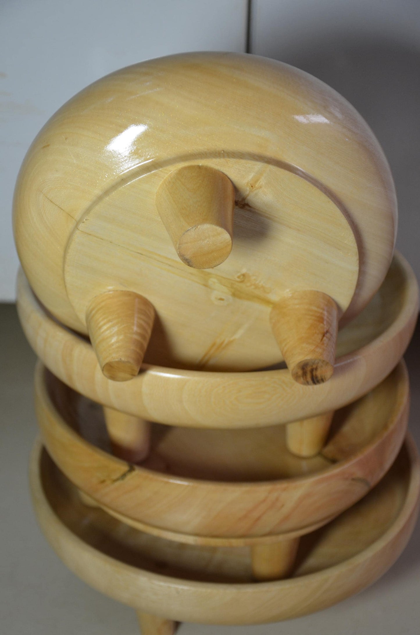 Set of 4 Footed Wooden Bowls | Natural Blonde Wood Decorative Fruit Dish Set