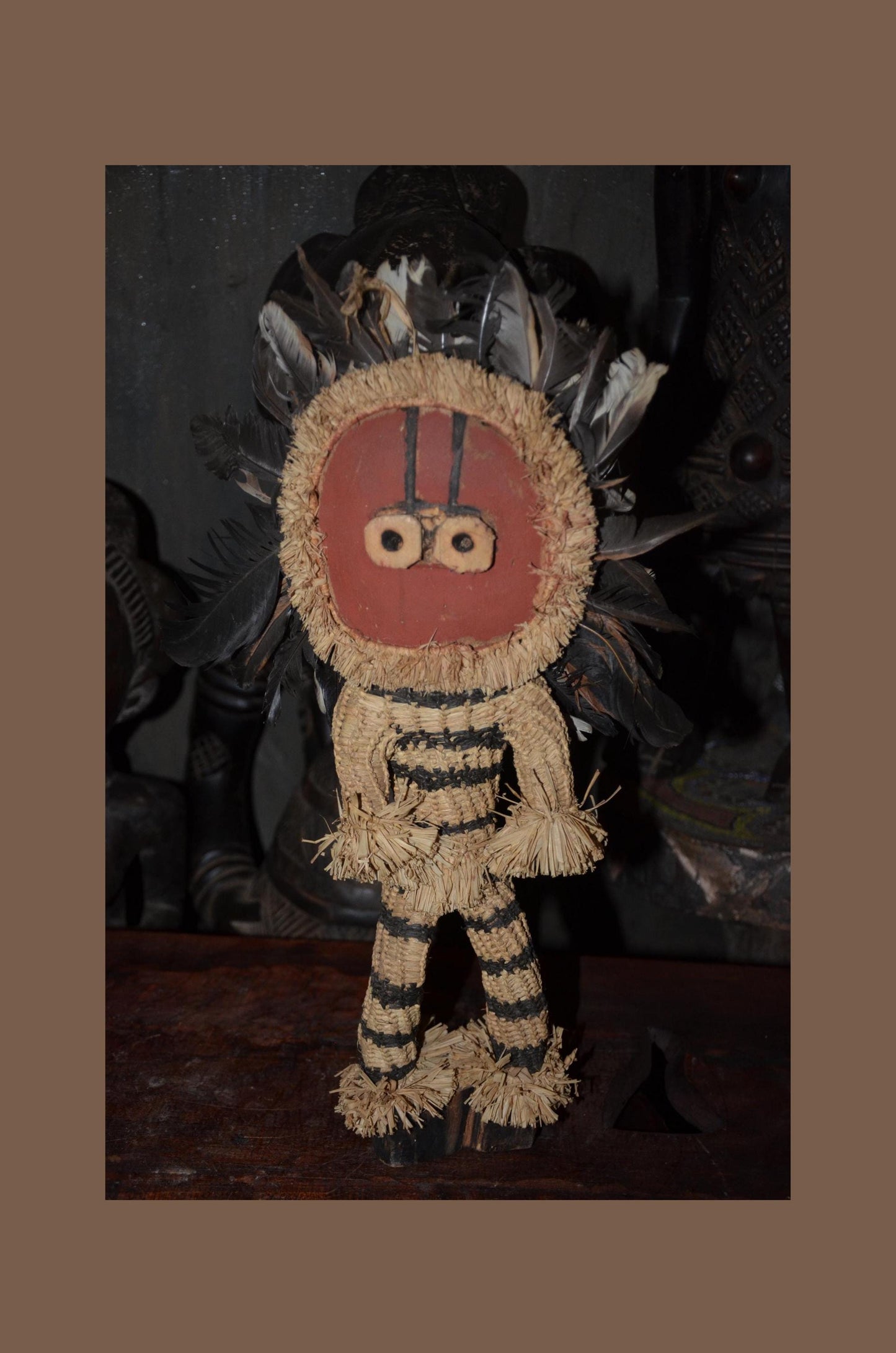 Pende Minganji Masquerade Dancer Doll - 17" Authentic Congo Woven Fiber Figure, Traditional Raffia & Feather Folk Art.
