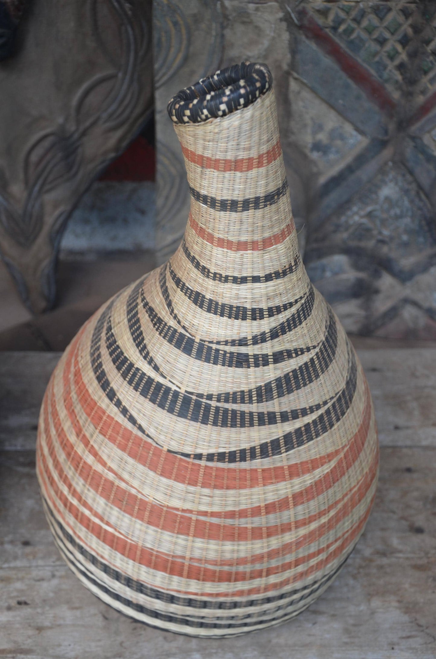 Rwandan Floor Vase | Large Woven Decorative Urn | Tall Artisan Woven Art