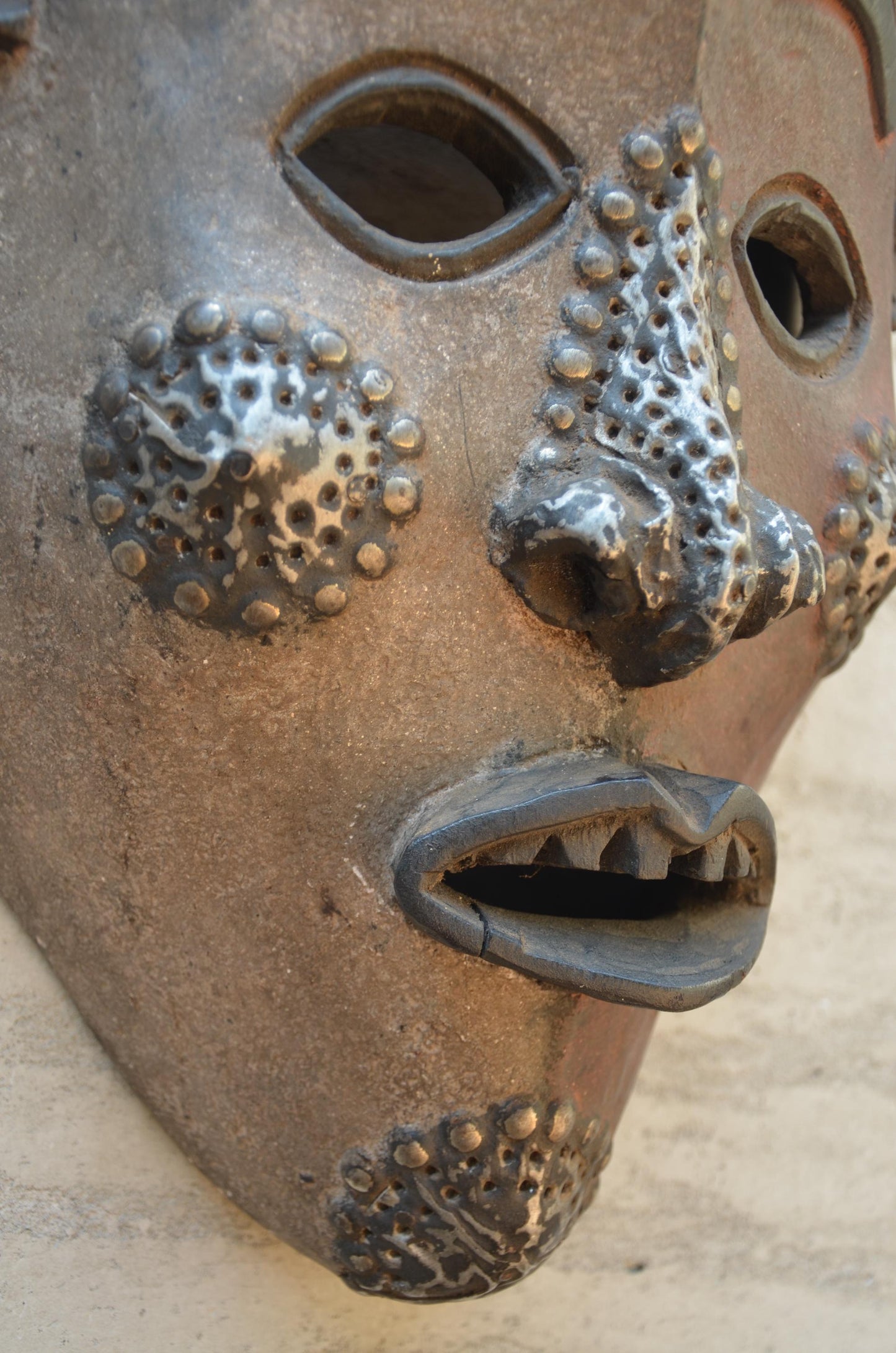 Large Yaure Yaure Mask - 24" Two-Tone African Wood Carving, Metallic Tack Details, Ivory Coast Tribal Wall Sculpture.