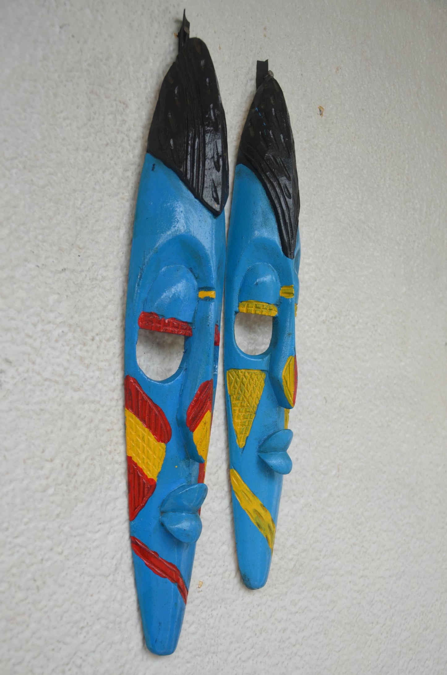 Hand-Carved Nyiginya Kingdom Cobalt Blue Wooden Facemask Couple | African Tribal Wall Art Decor