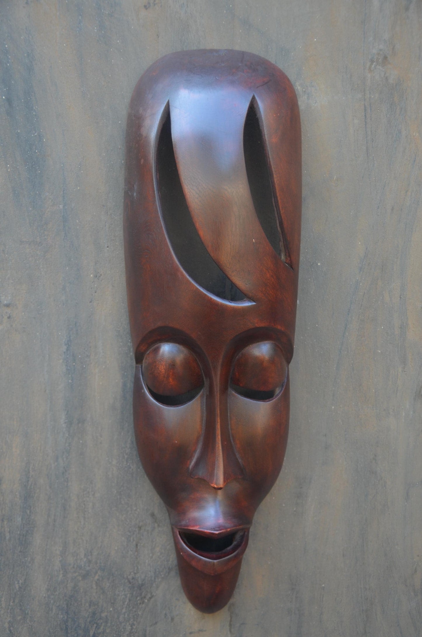 An Authentic Fang Ngil-Style Elongated Mask - 24" Sleek Gabon African Wood Mask, Contemporary Openwork Statement Wall