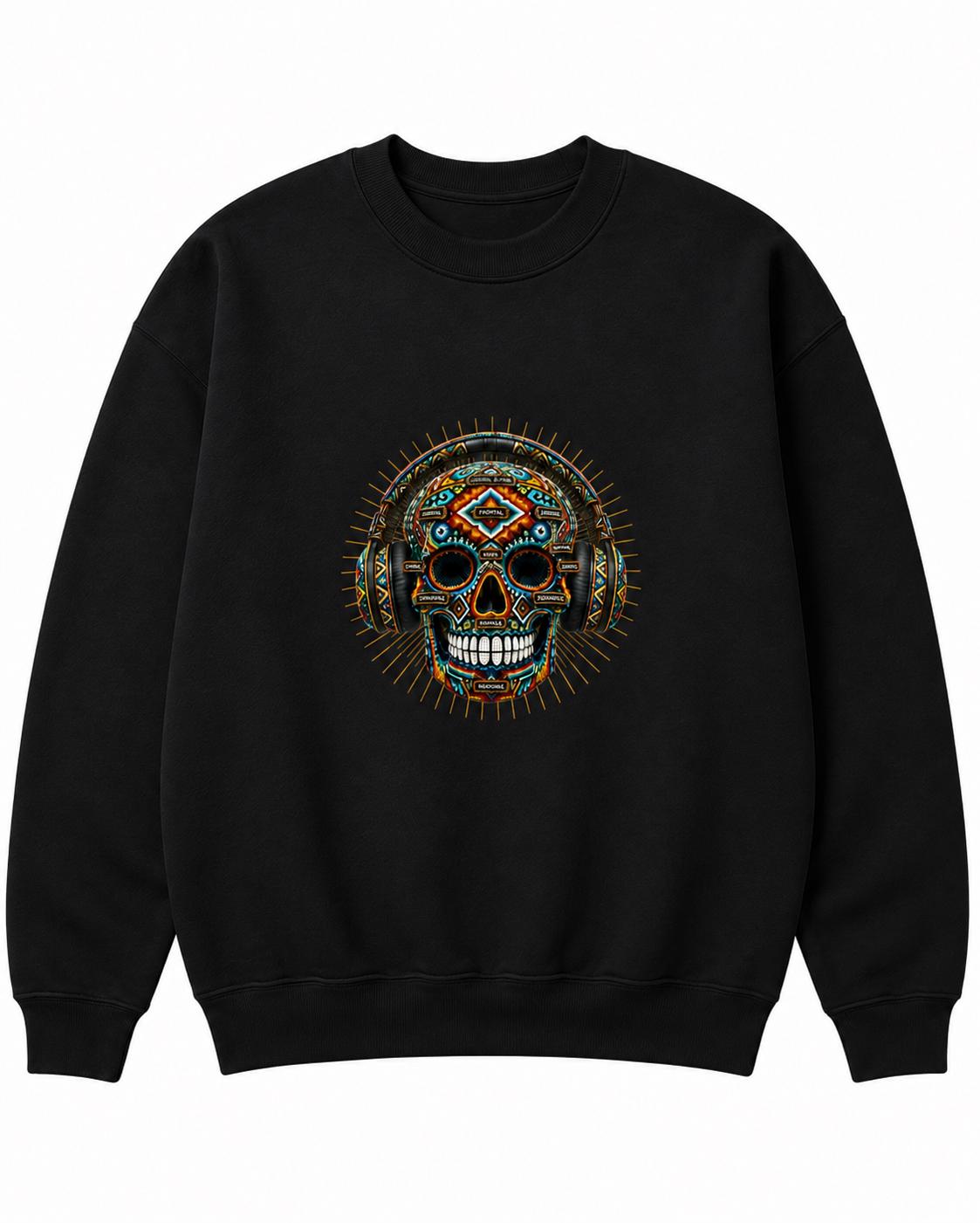 Beaded Skull Sweatshirt, African Inspired Geometric Skull Crewneck, Halloween Streetwear