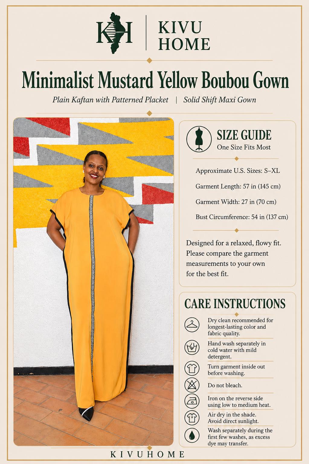 Minimalist Mustard Yellow Boubou Gown | Plain Kaftan with Patterned Placket, Solid Maxi
