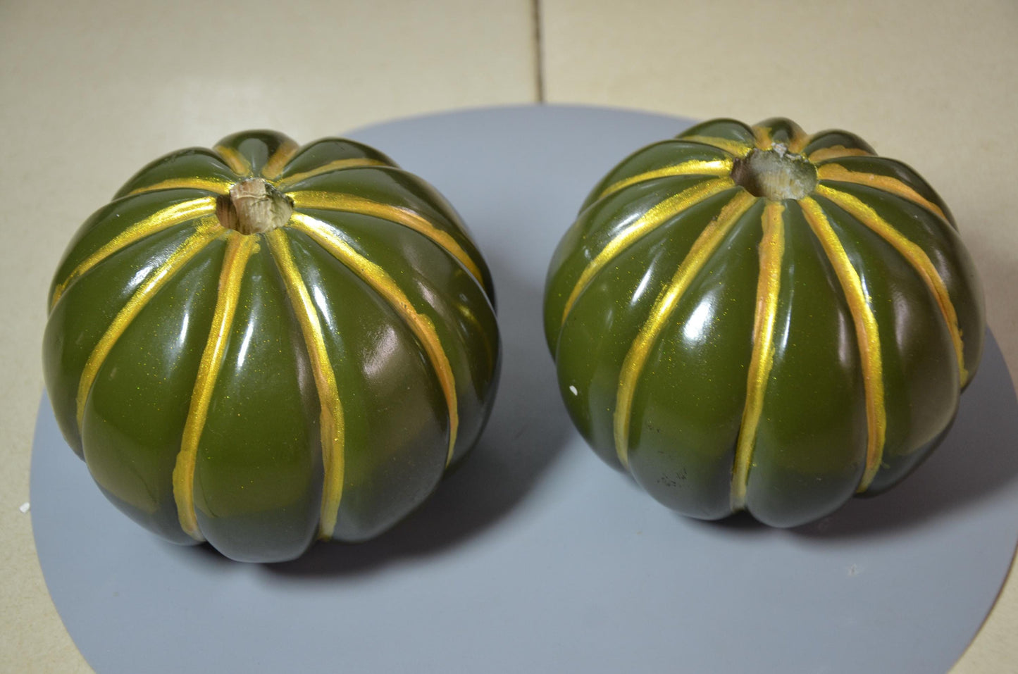 Set of 2 Fluted Green Pumpkin Vases | Metallic Olive Gold Ribbed Vessel Duo | Modern Nordic Home Decor Accent | Handcrafted Wood Art