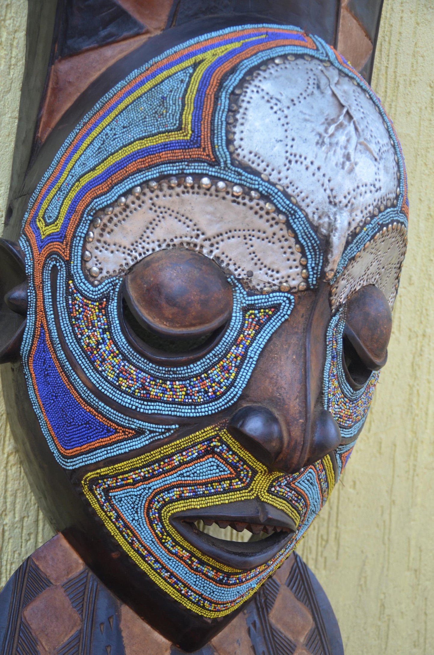 Marka African Mask – 34" Large Hand-Carved Wood & Brass Mask – Mali Wall Art.