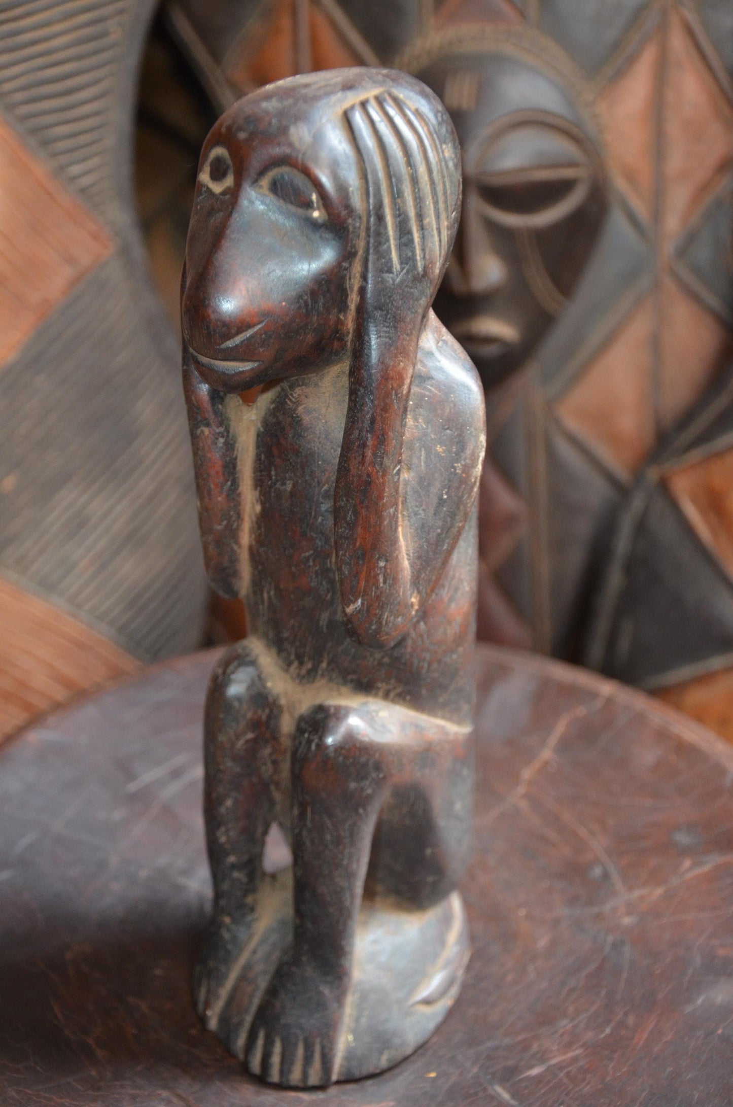 Authentic Hemba Chimpanzee Power Figure - 12" Hand-Carved Wood Soko Mutu Statue, Traditional Primate Ancestor Carving.