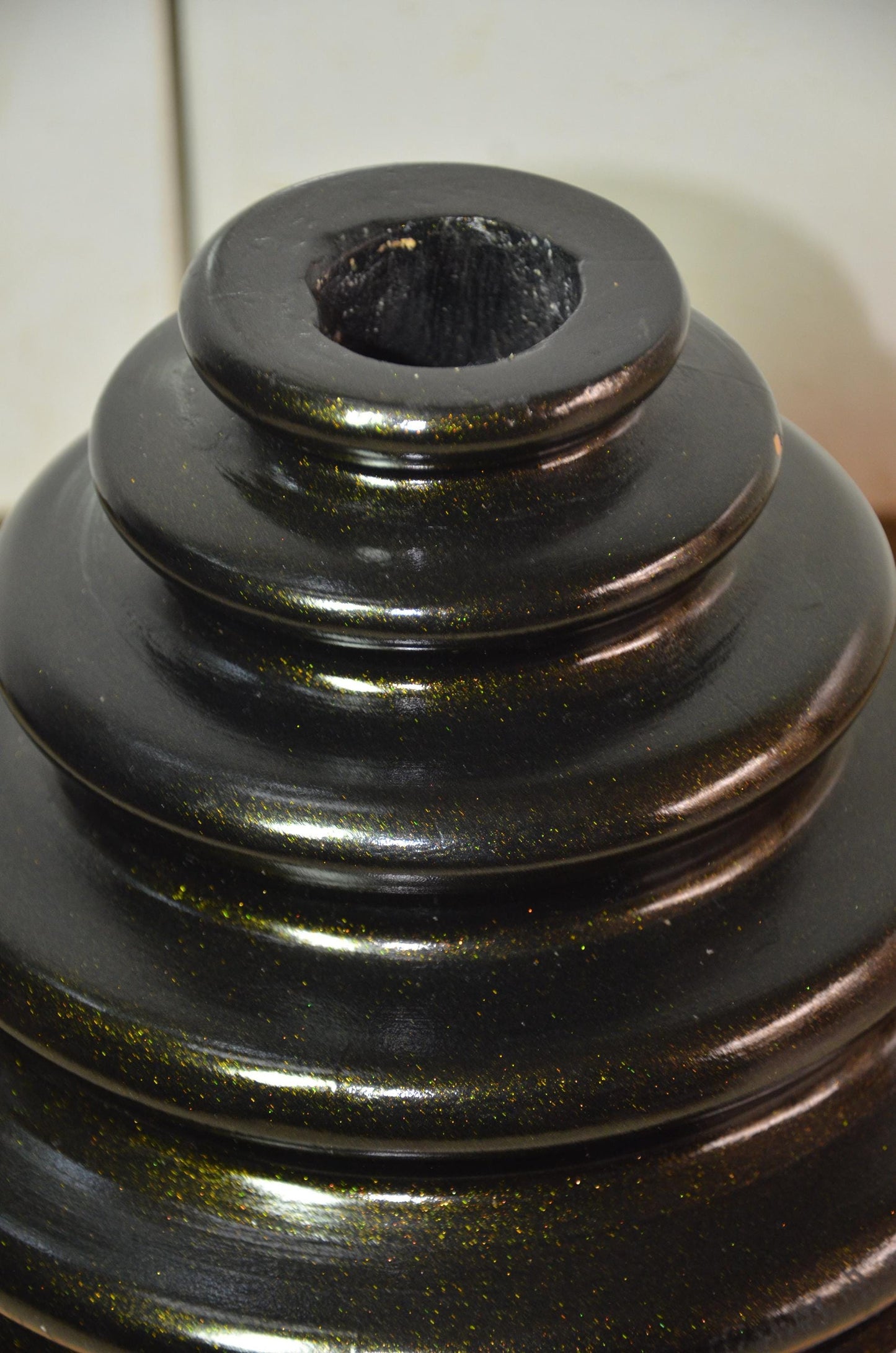 Large Black Wooden Ribbed Vase | Gold Shimmer Beehive Ringed Vessel, Nordic Decor