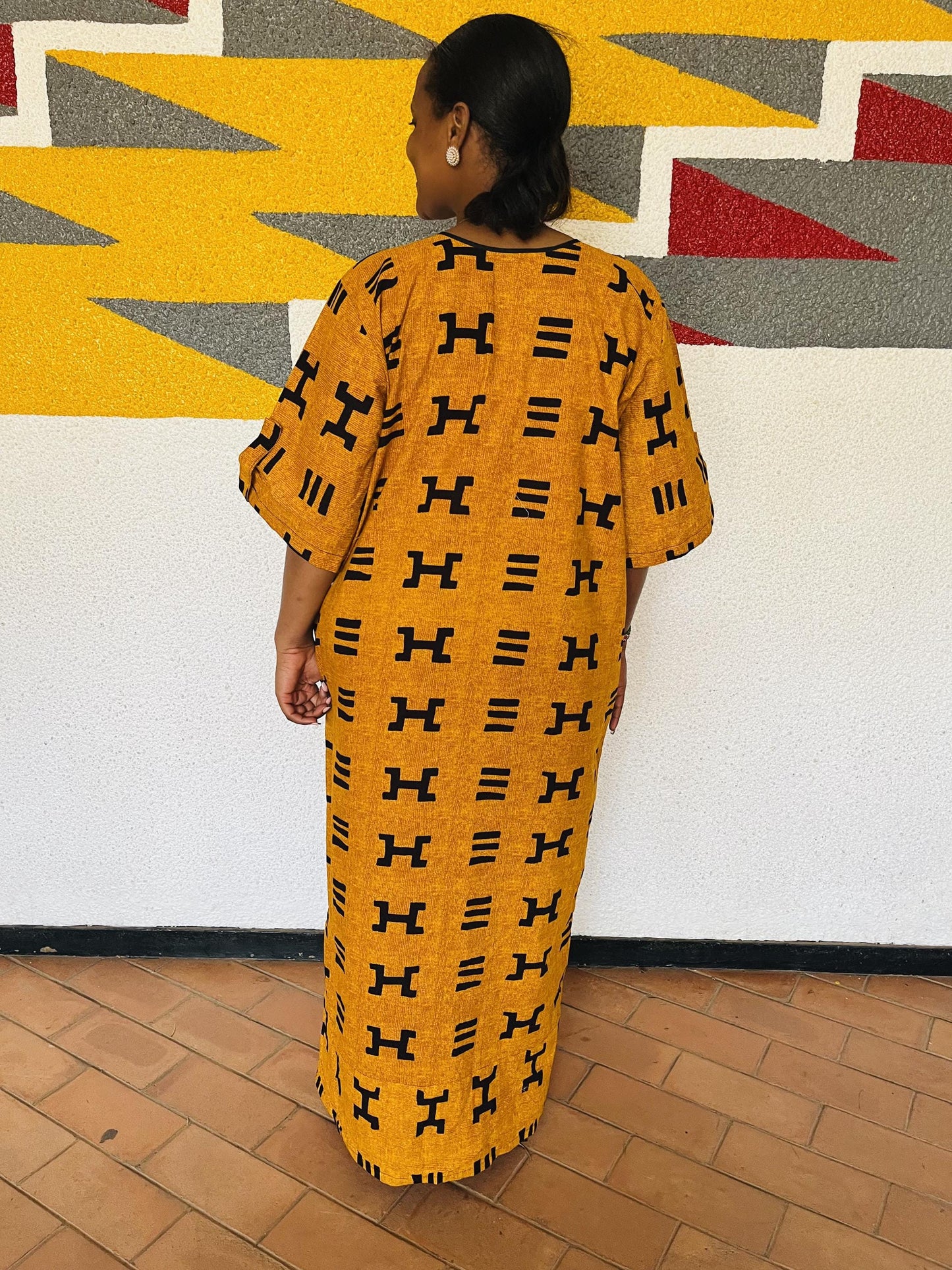 Mustard Yellow Graphic Shirt Kaftan | Buttoned Symbolic Boubou, Ochre Maxi
