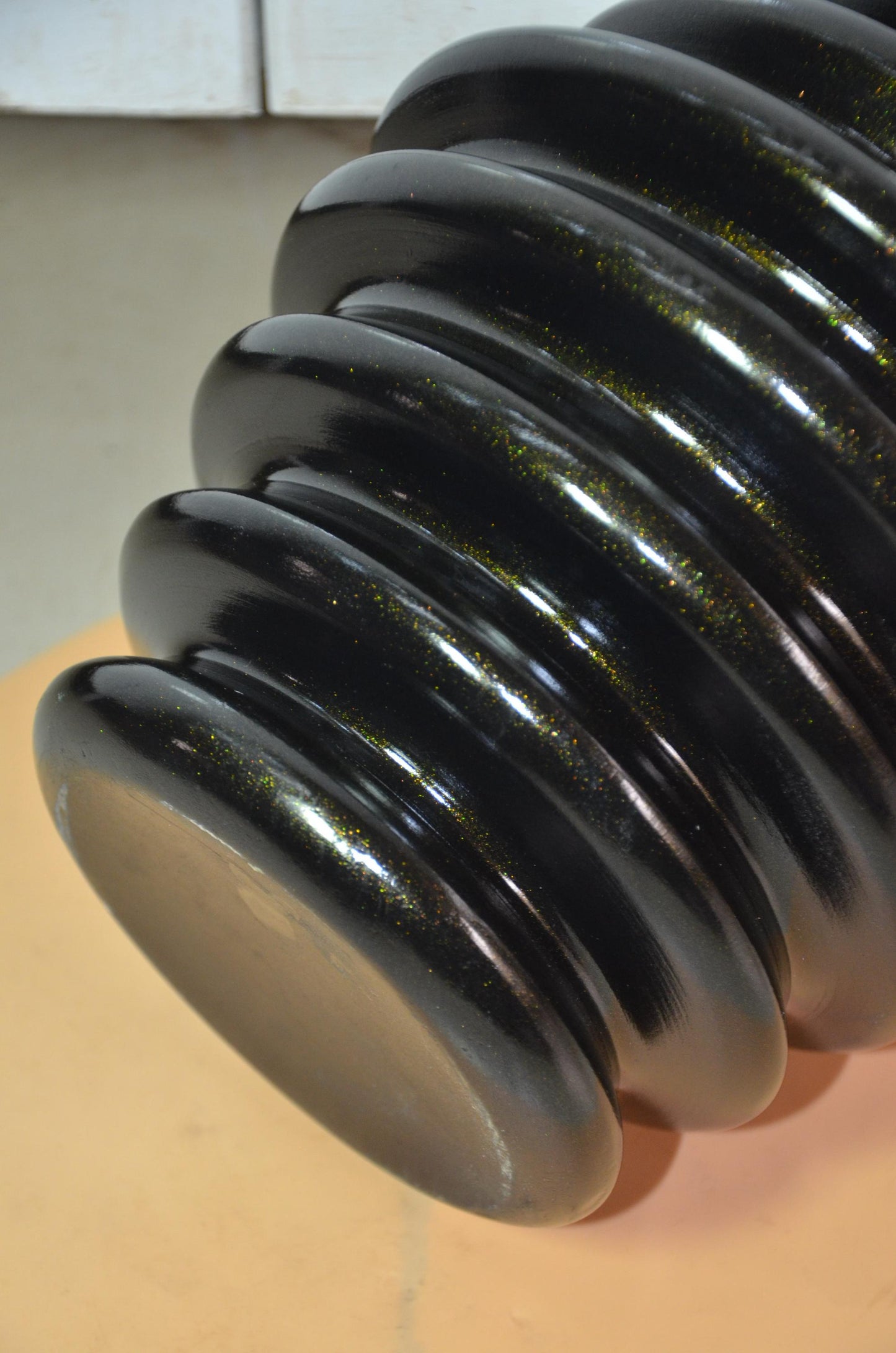 Large Black Wooden Ribbed Vase | Gold Shimmer Beehive Ringed Vessel, Nordic Decor
