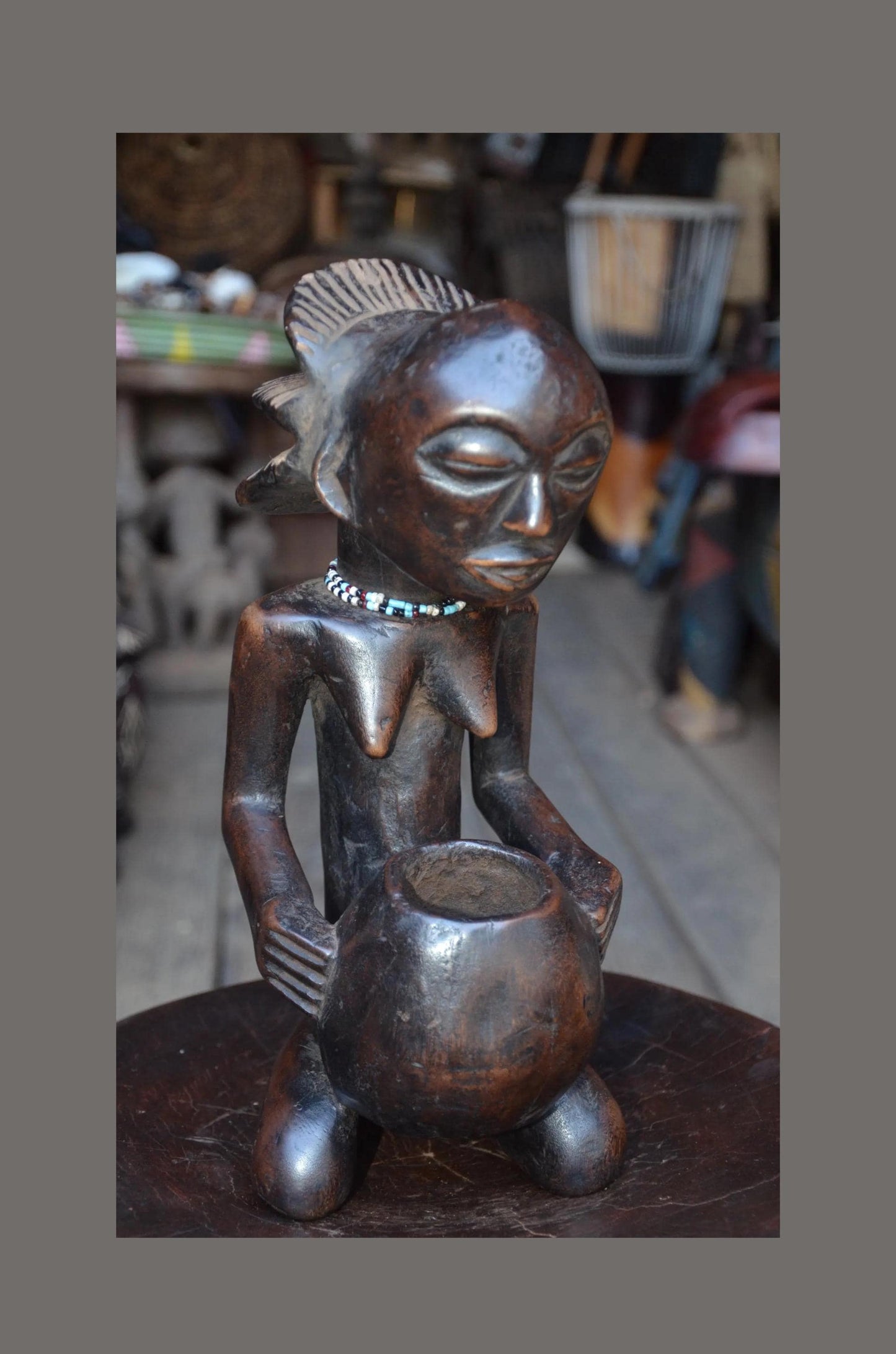 Authentic Luba Bowl-Bearer Statue - 14" Hand-Carved Wood Mboko Female Ancestor Sculpture, Devotional Figure with Bead Accent.