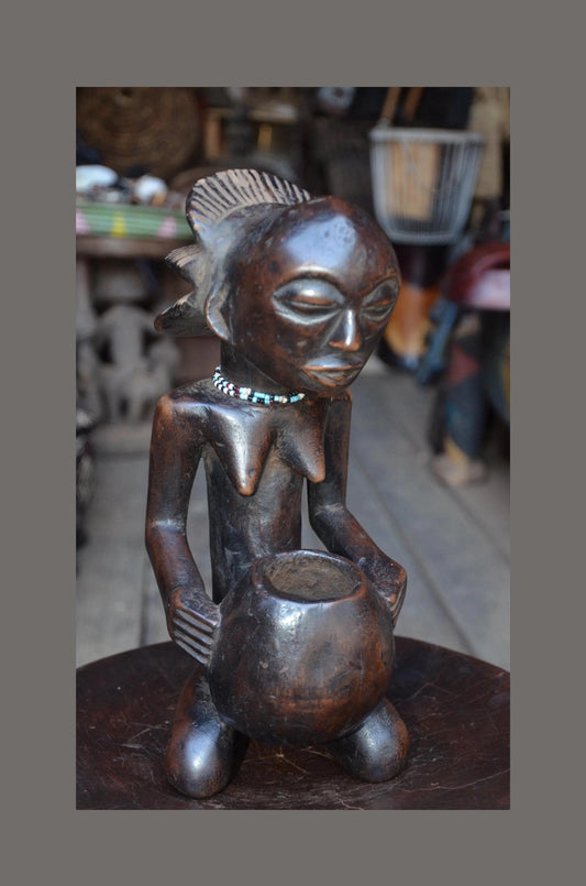 Authentic Luba Bowl-Bearer Statue - 14" Hand-Carved Wood Mboko Female Ancestor Sculpture, Devotional Figure with Bead Accent.