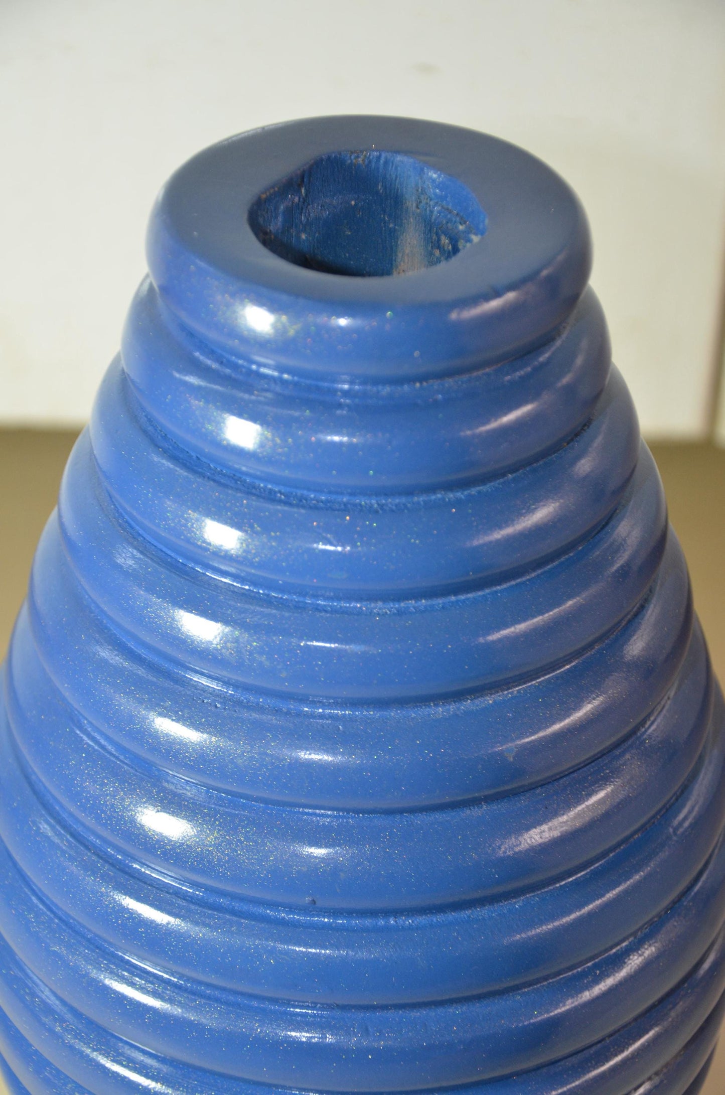 Large Blue Wooden Ribbed Vase | Cobalt Beehive Ringed Vessel | Modern Nordic Home Decor Accent Piece | Minimalist Handcrafted Wood Art