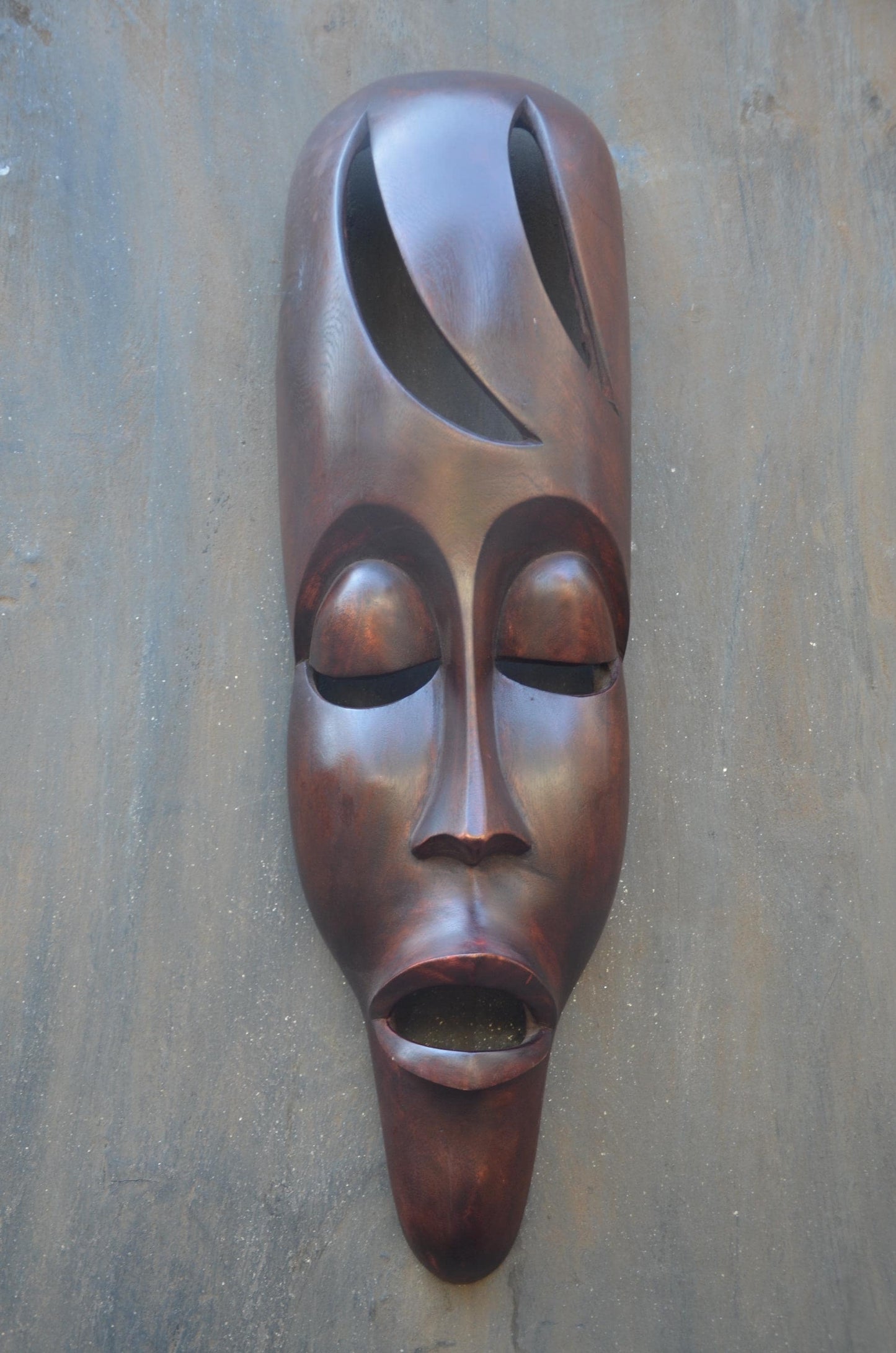An Authentic Fang Ngil-Style Elongated Mask - 24" Sleek Gabon African Wood Mask, Contemporary Openwork Statement Wall