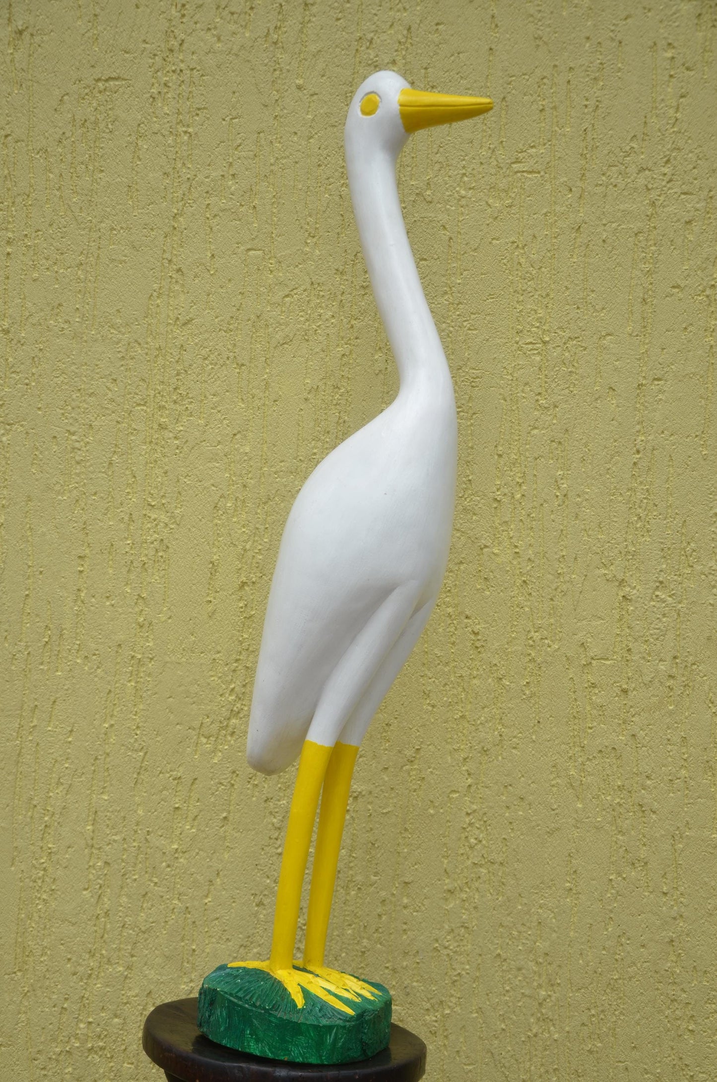 White Crane Garden Statue – 32" Hand-Carved Wood Egret Heron Outdoor Decor.