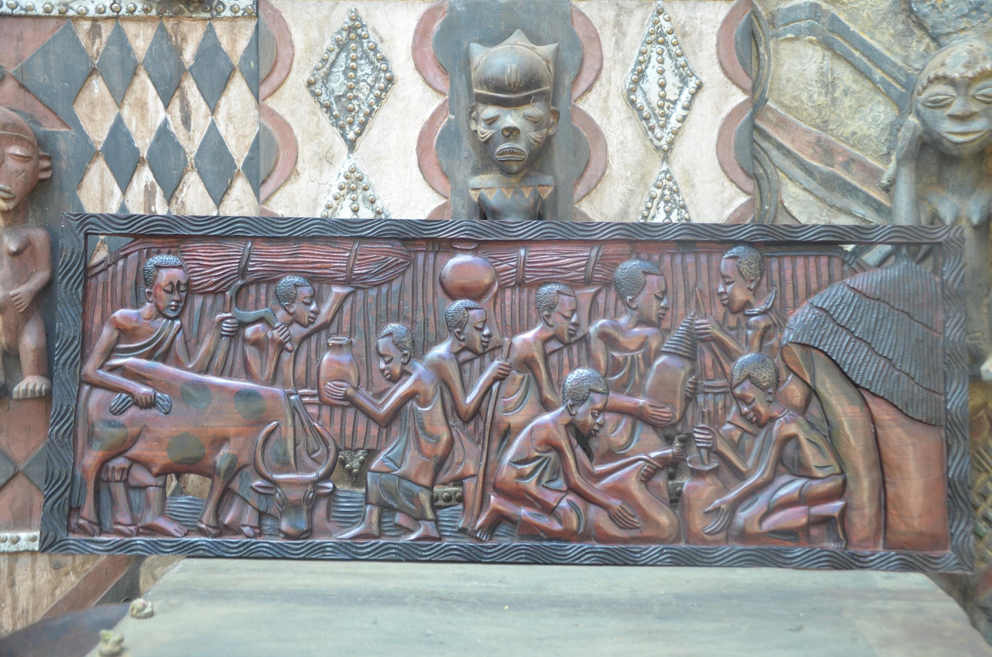 African Community Celebration Wall Plaque | Large Hand-Carved Wooden Relief Art | Village Gathering Wall Decor | Ethnic Sculptural Panel