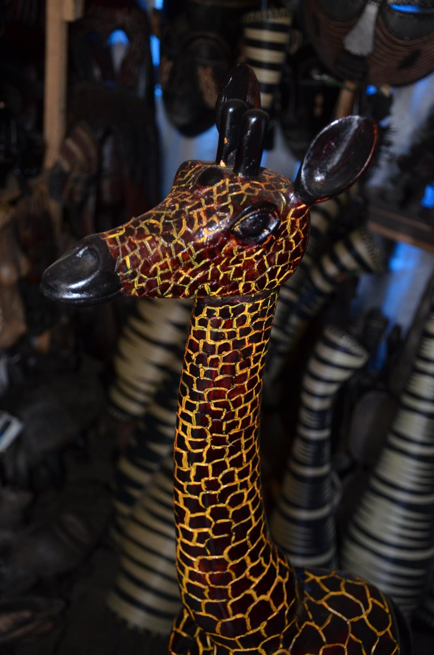 Hand-Carved African Wooden Giraffe Sculpture - 45" Tall Large Wildlife Statue, High-End Wood Carving Statement Piece.