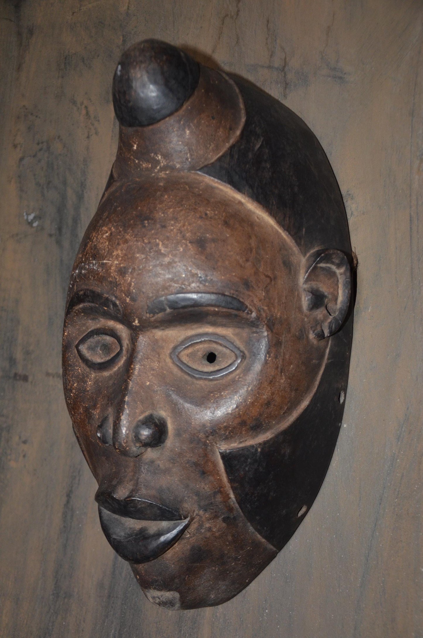 Authentic Baule Mask - 17" Hand-Carved Wood Mblo Portrait Mask, Côte d'Ivoire African Tribal Art, Elegant Crested Coiffure Statement Piece.