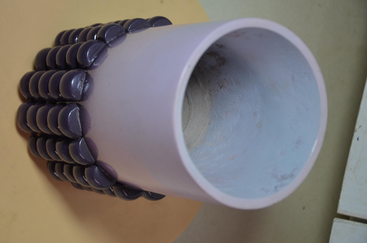 Beaded Wooden Cylinder Vase | Pink and Purple Bubble Texture Pillar Vessel