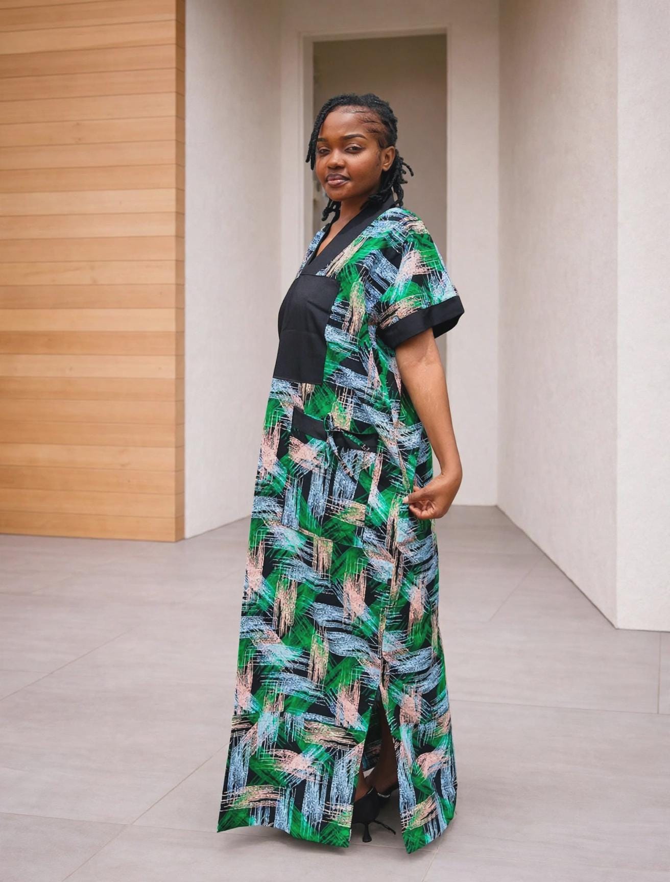 Color-Blocked Kampala Maxi Gown | Paneled Brushstroke Silk Kaftan, Mixed-Media Adire