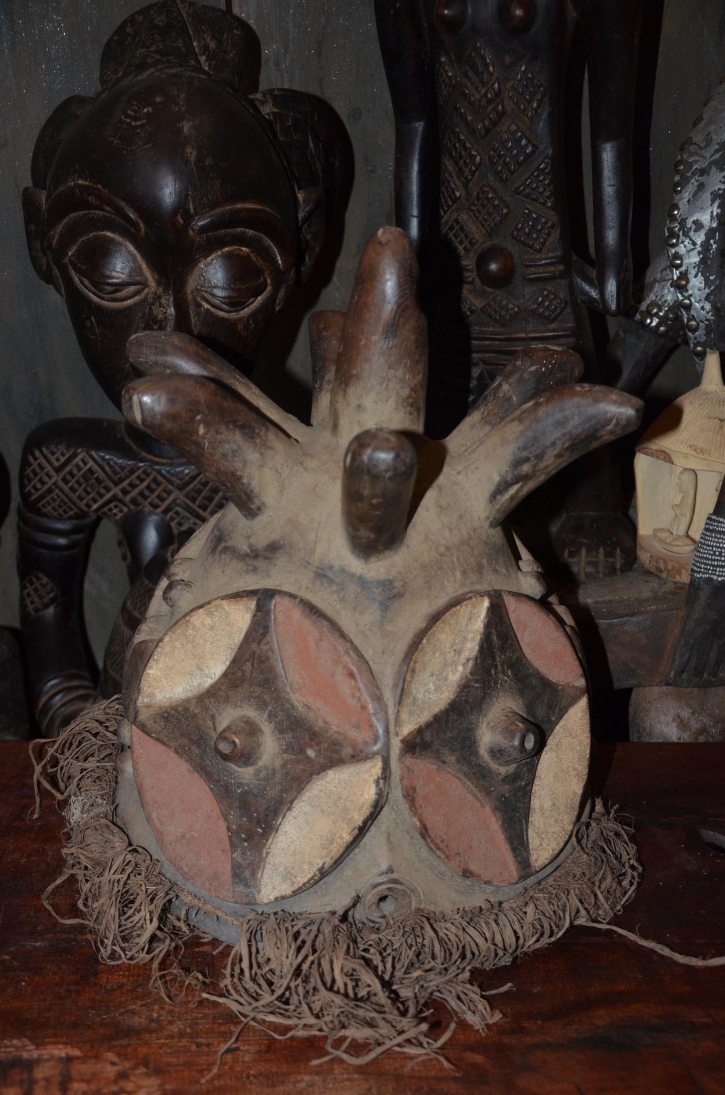 Authentic Luba or Songye Zoomorphic Helmet Mask - 17" Multi-Horned Kifwebe Art, Congo Polychrome Face Mask, High-End Tribal Wall Sculpture.