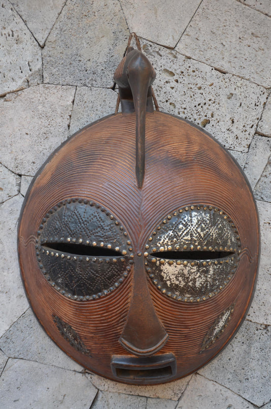 Luba Large African Mask – 33" Hand-Carved Wood & Brass Mask – Congo Wall Art.