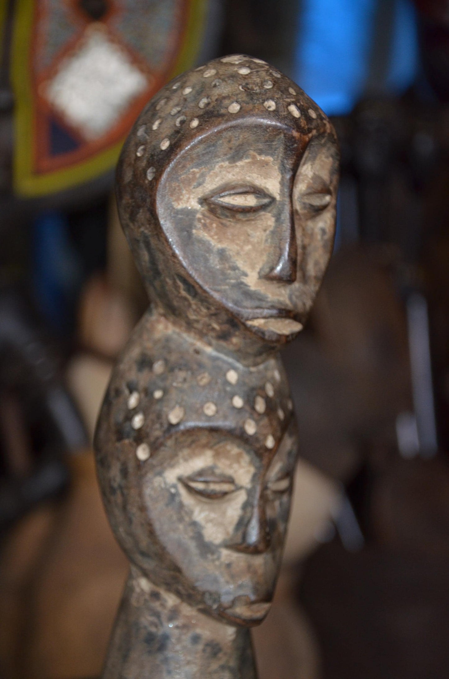 Authentic Lega Multi-Headed Figure - 13" Hand-Carved Wood Sakmatwematwe Sculpture, Traditional Kaolin Clay Patina.