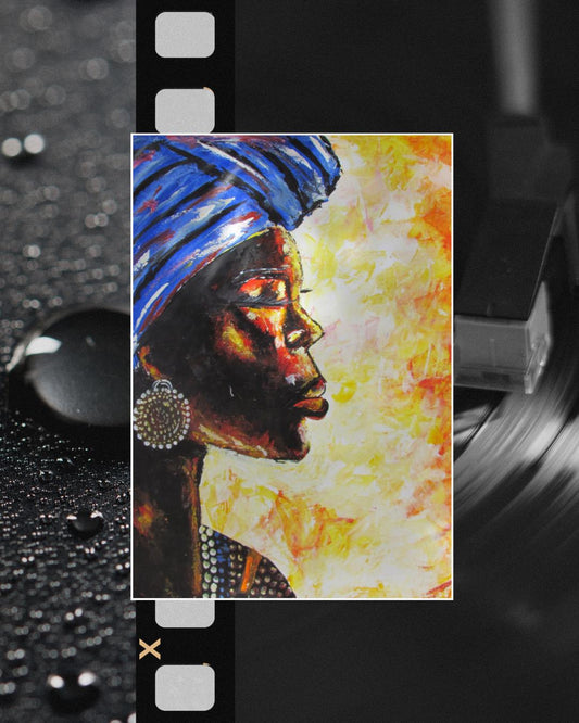 Toile à paillettes bleues représentant une femme africaine | Décoration murale artisanale | Peinture de femme noire