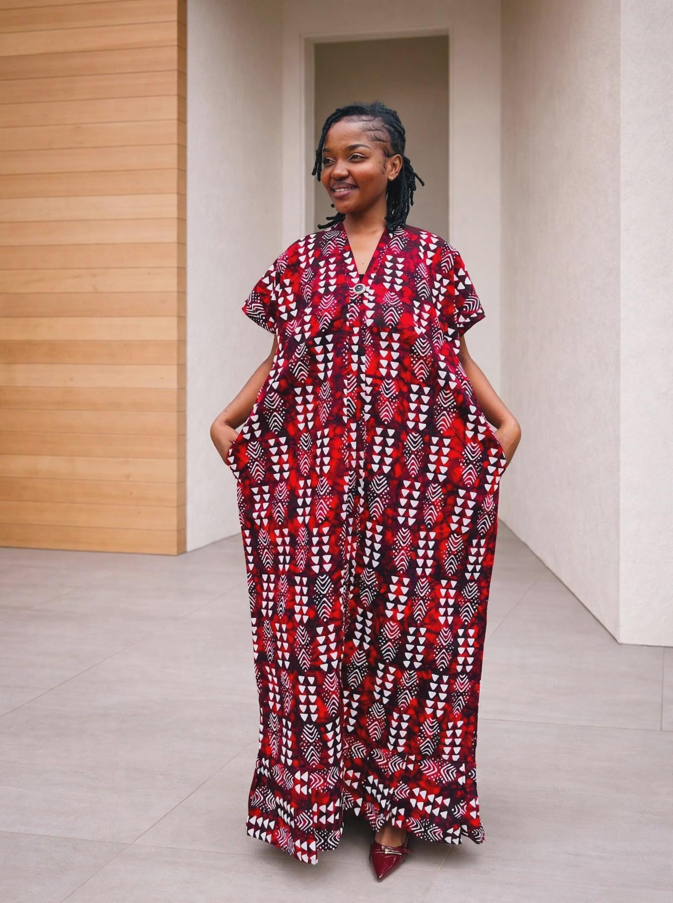 Arrowhead Ankara Boubou Gown | Geometric Cascade Kaftan, Wine Red Maxi