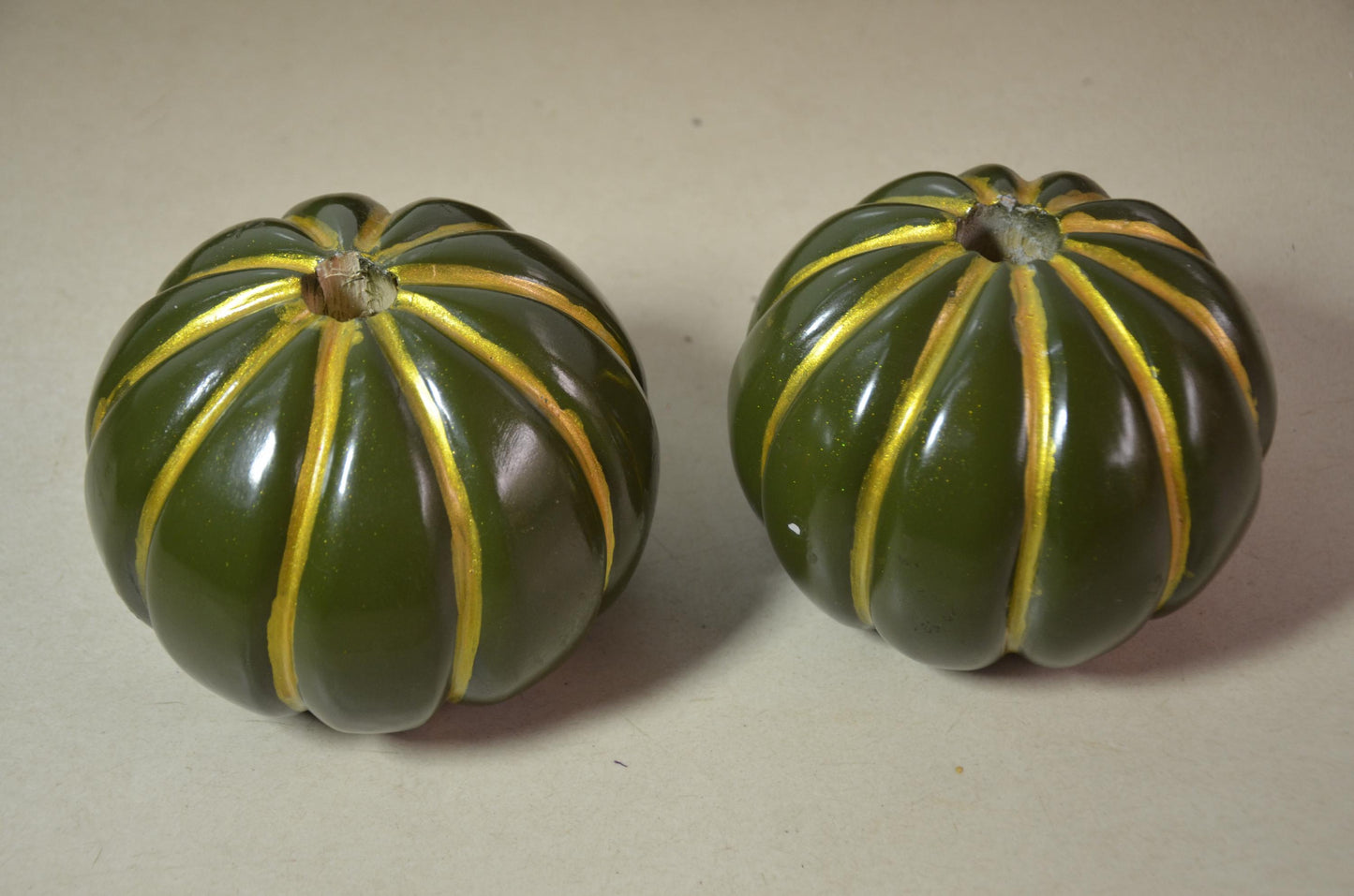 Set of 2 Fluted Green Pumpkin Vases | Metallic Olive Gold Ribbed Vessel Duo | Modern Nordic Home Decor Accent | Handcrafted Wood Art