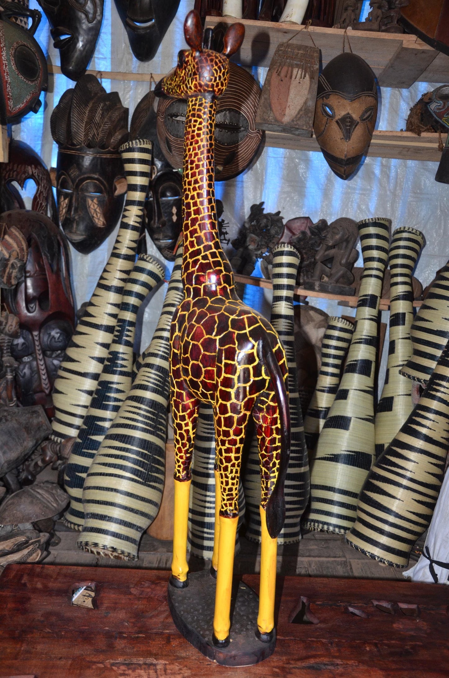 Hand-Carved African Wooden Giraffe Sculpture - 45" Tall Large Wildlife Statue, High-End Wood Carving Statement Piece.