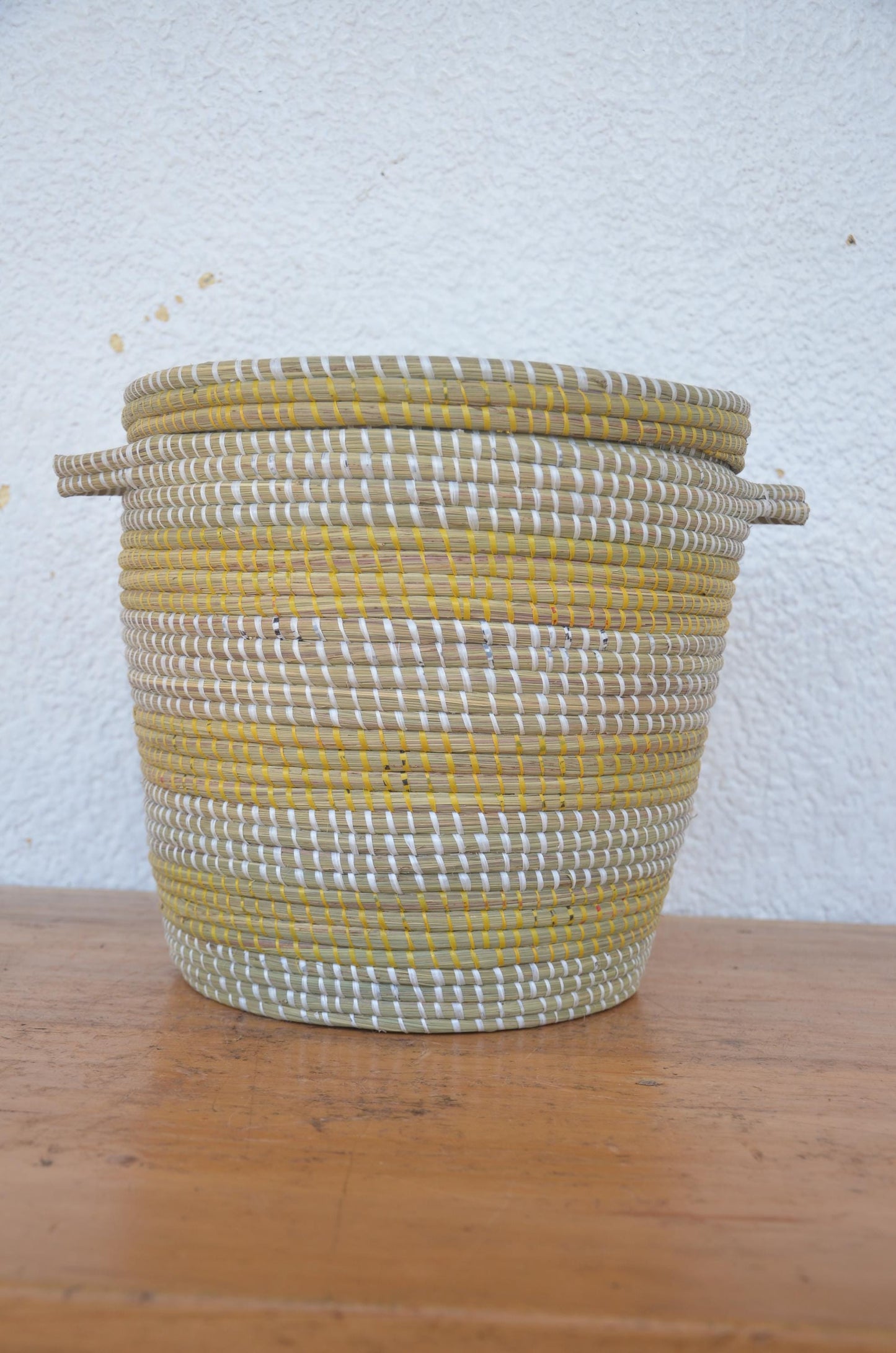 Handwoven Senegalese Coil Basket with Lid | Yellow and White Boho Storage Bin