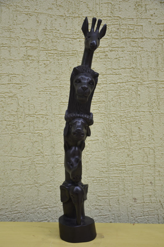 African Wooden Wildlife Totem Sculpture | Tiered Animal Art