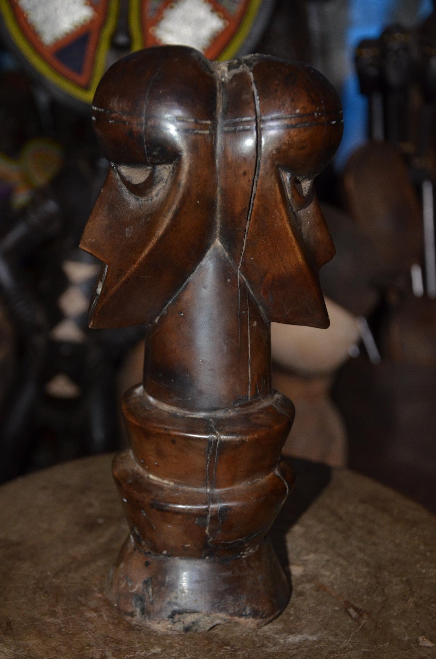 Authentic Songye Kifwebe Head Sculpture - 12" Hand-Carved Wood Ancestor Bust on Ringed Pedestal, Polished Mahogany Patina.