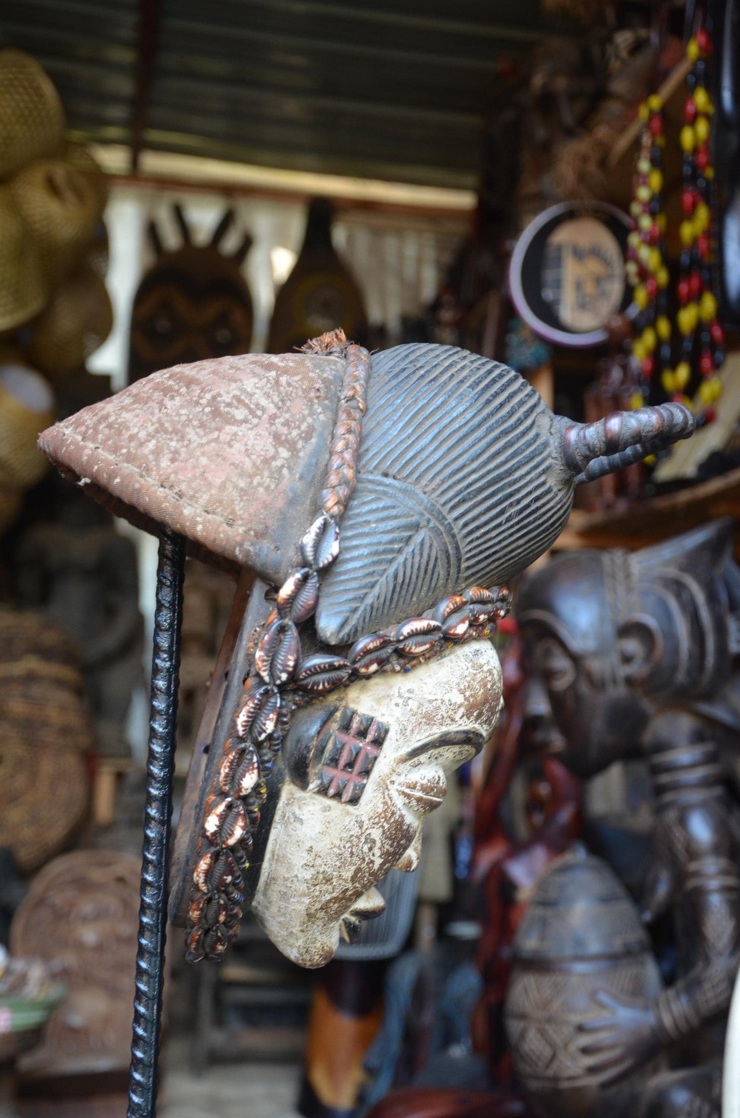 Authentic Punu Okuyi Mask – Hand-Carved Wood Female Ancestor Spirit, Cowrie Shell Trim
