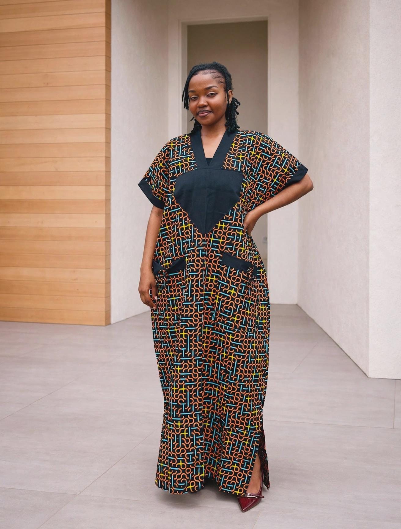 Tie-Front Ankara Kimono Maxi | Cuffed Satin-Trim Boubou, Red Gown