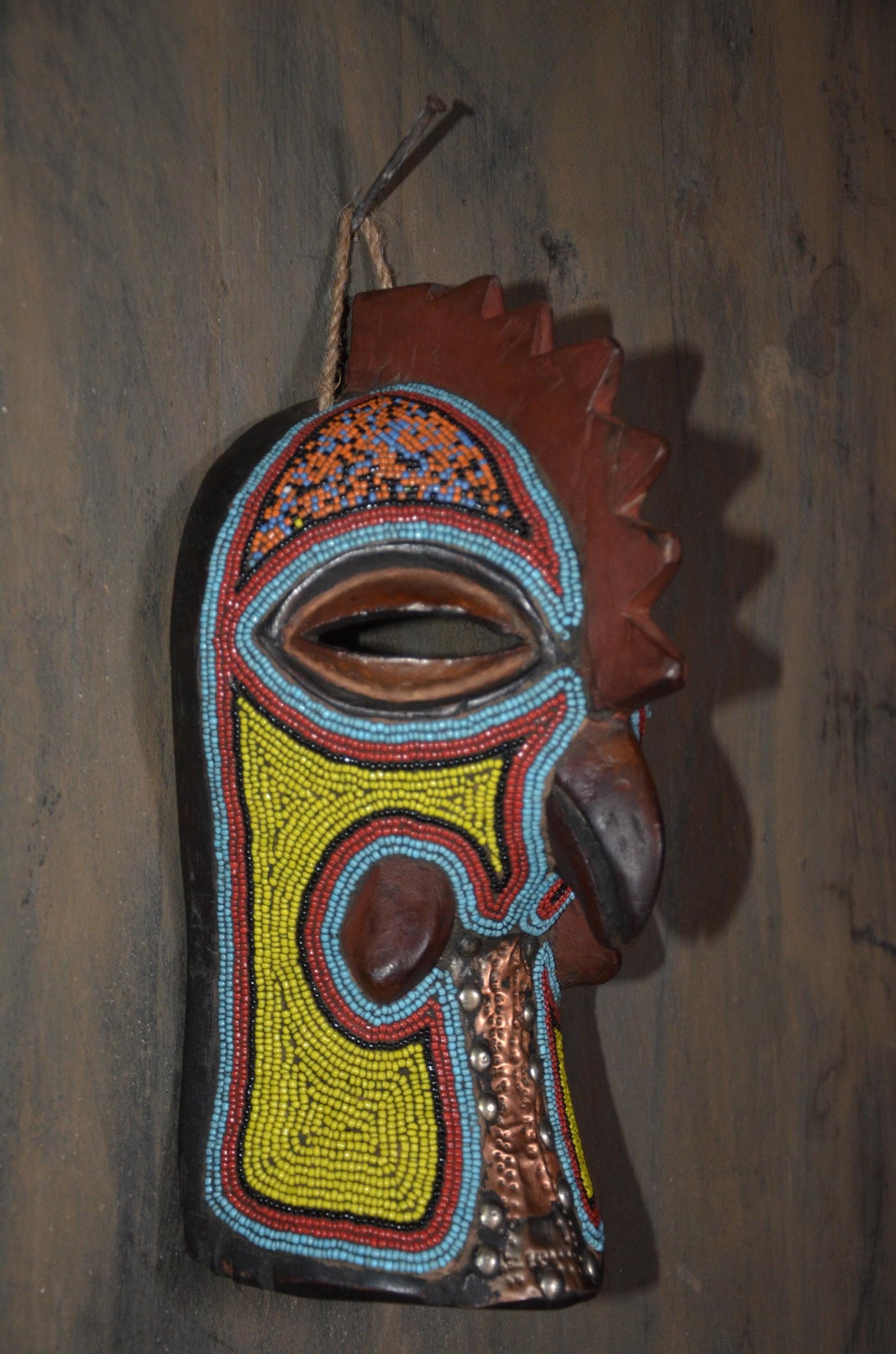 Beaded Rooster Mask – 12" Hand-Carved Wood Tribal Bird Mask – Wall Decor.