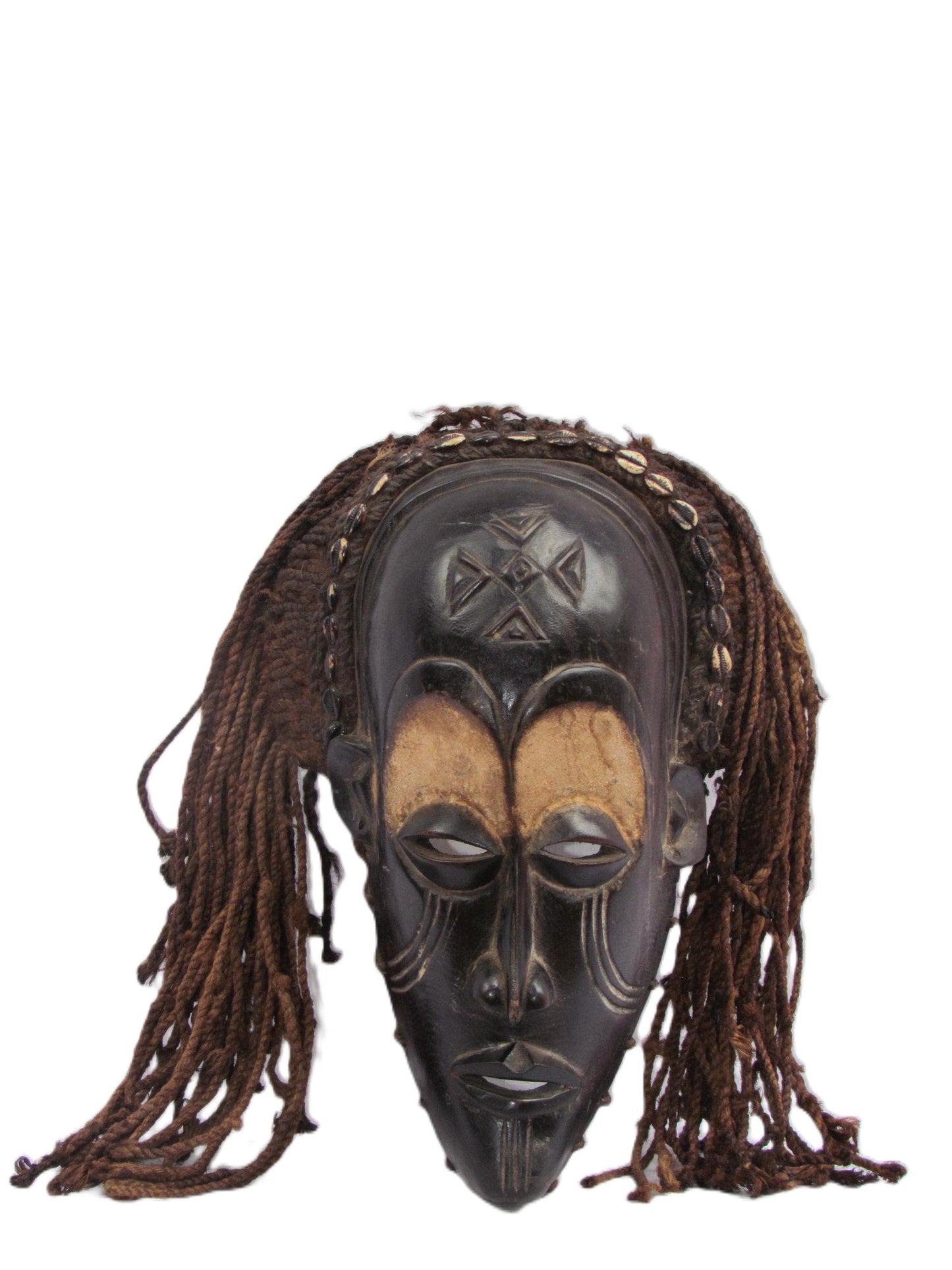 Original Hand carved Chokwe Mask Mwana Pwo with Long Brown Hair.