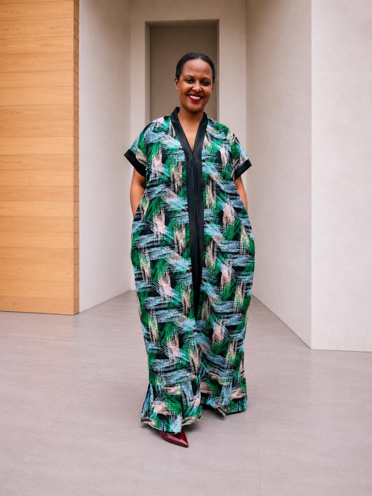 Open-Front Kampala Maxi Gown | Brushstroke Silk Kaftan, Adire Boubou