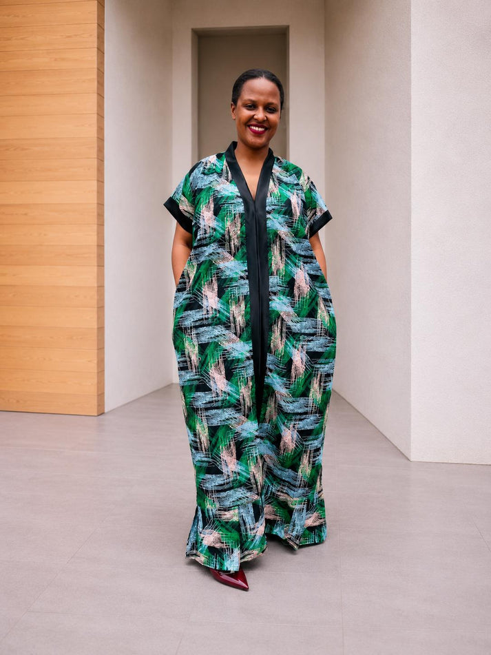 Open-Front Kampala Maxi Gown | Brushstroke Silk Kaftan, Adire Boubou