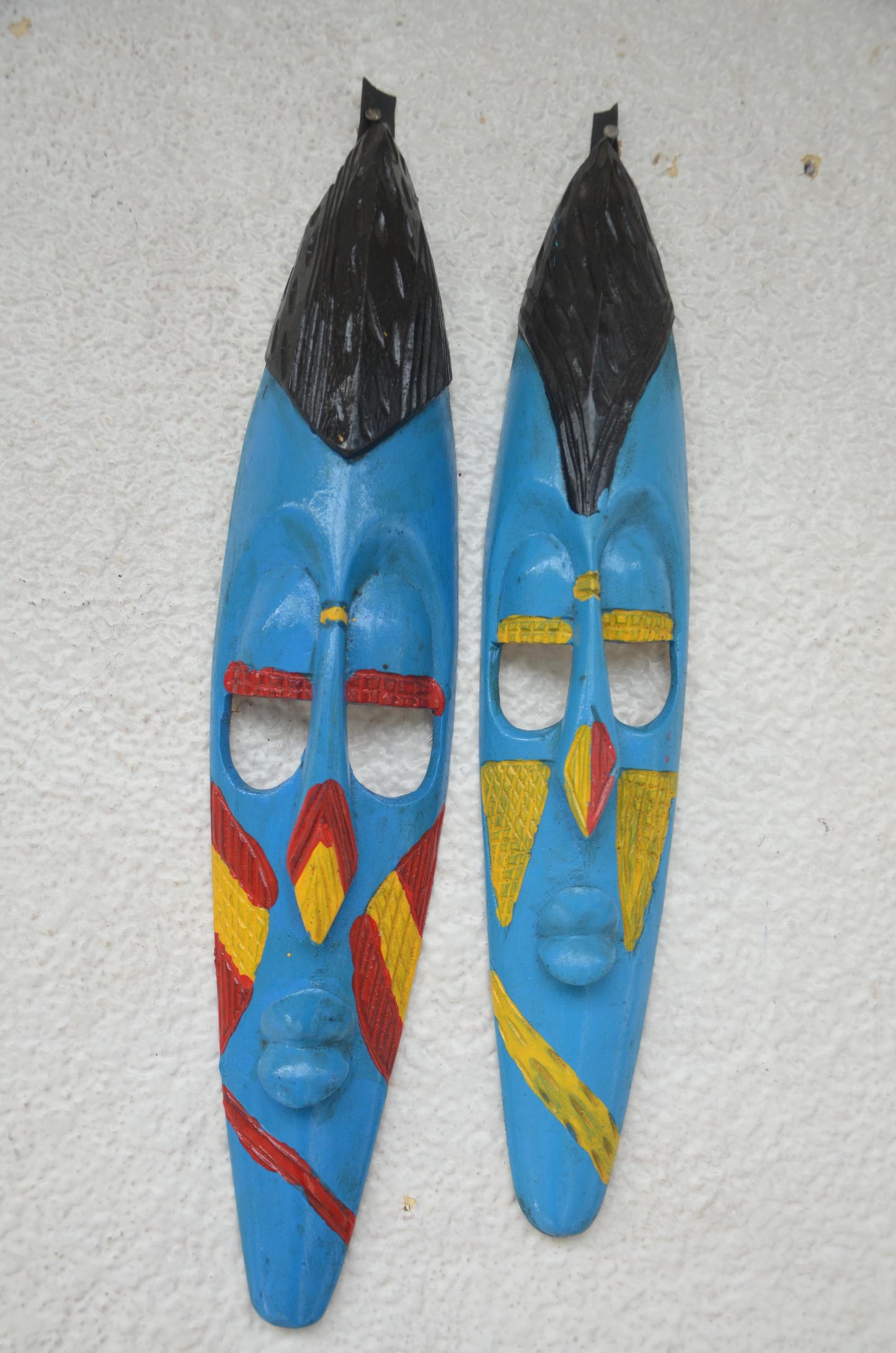 Hand-Carved Nyiginya Kingdom Cobalt Blue Wooden Facemask Couple | African Tribal Wall Art Decor
