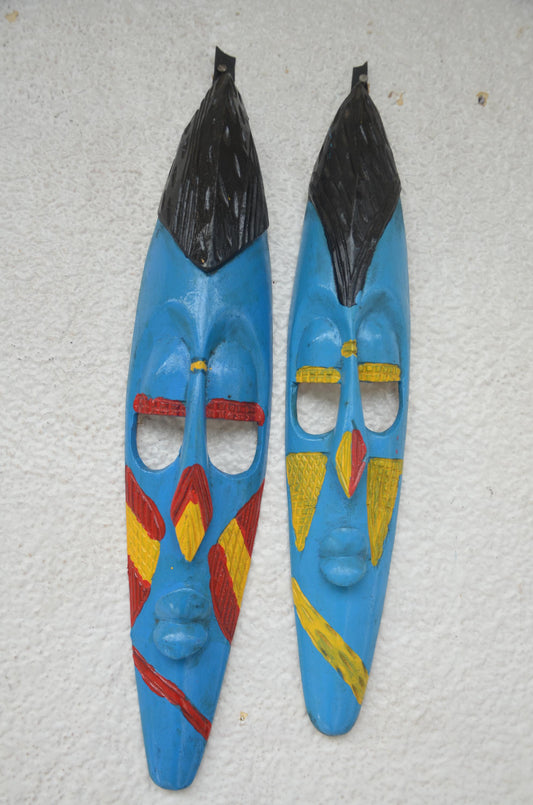 Hand-Carved Nyiginya Kingdom Cobalt Blue Wooden Facemask Couple | African Tribal Wall Art Decor