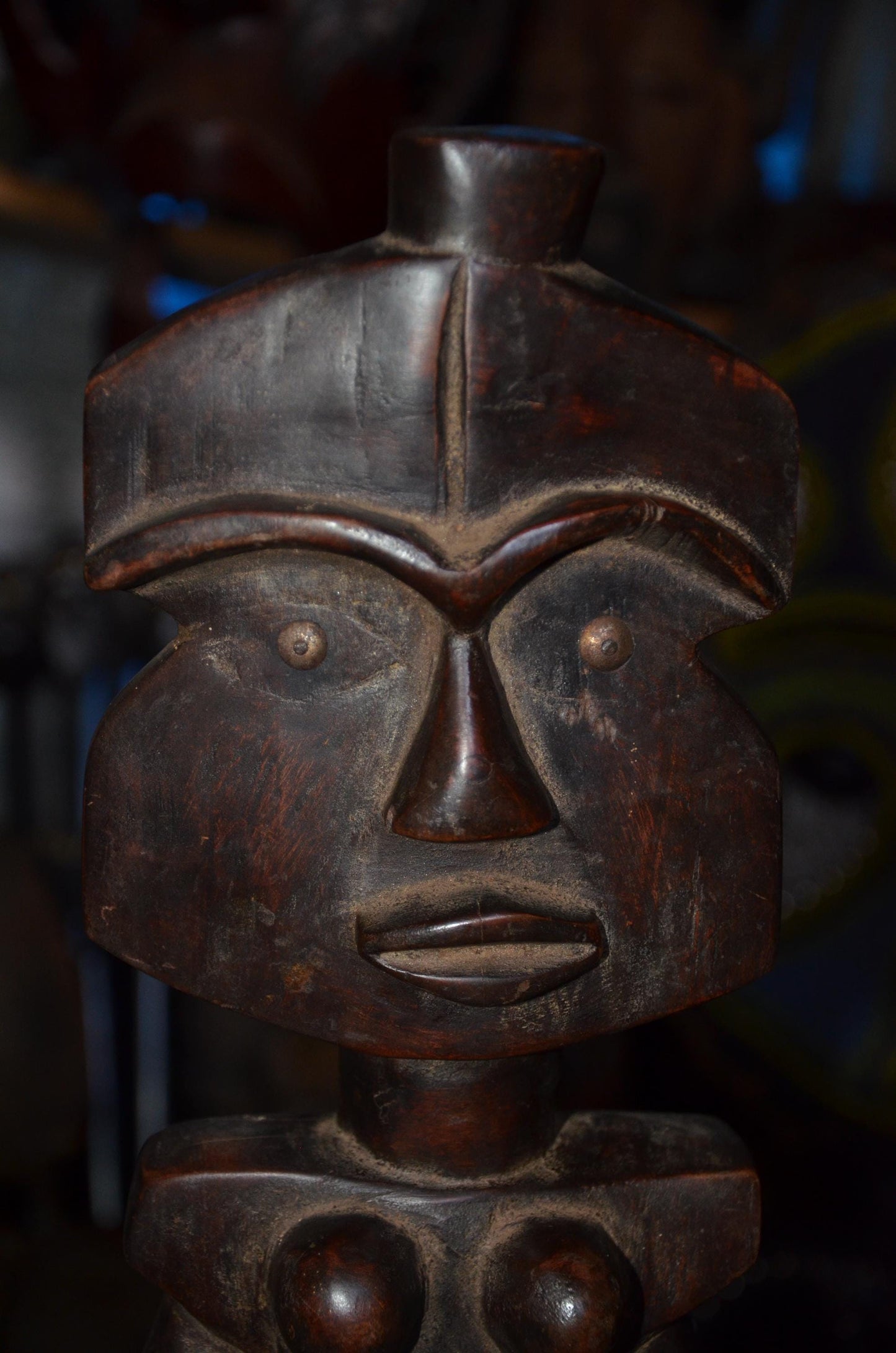 Fang Reliquary Guardian Figure - 17" Authentic Gabon Eyema Byeri Wood Statue, Cubist Geometry Ancestor Carving.