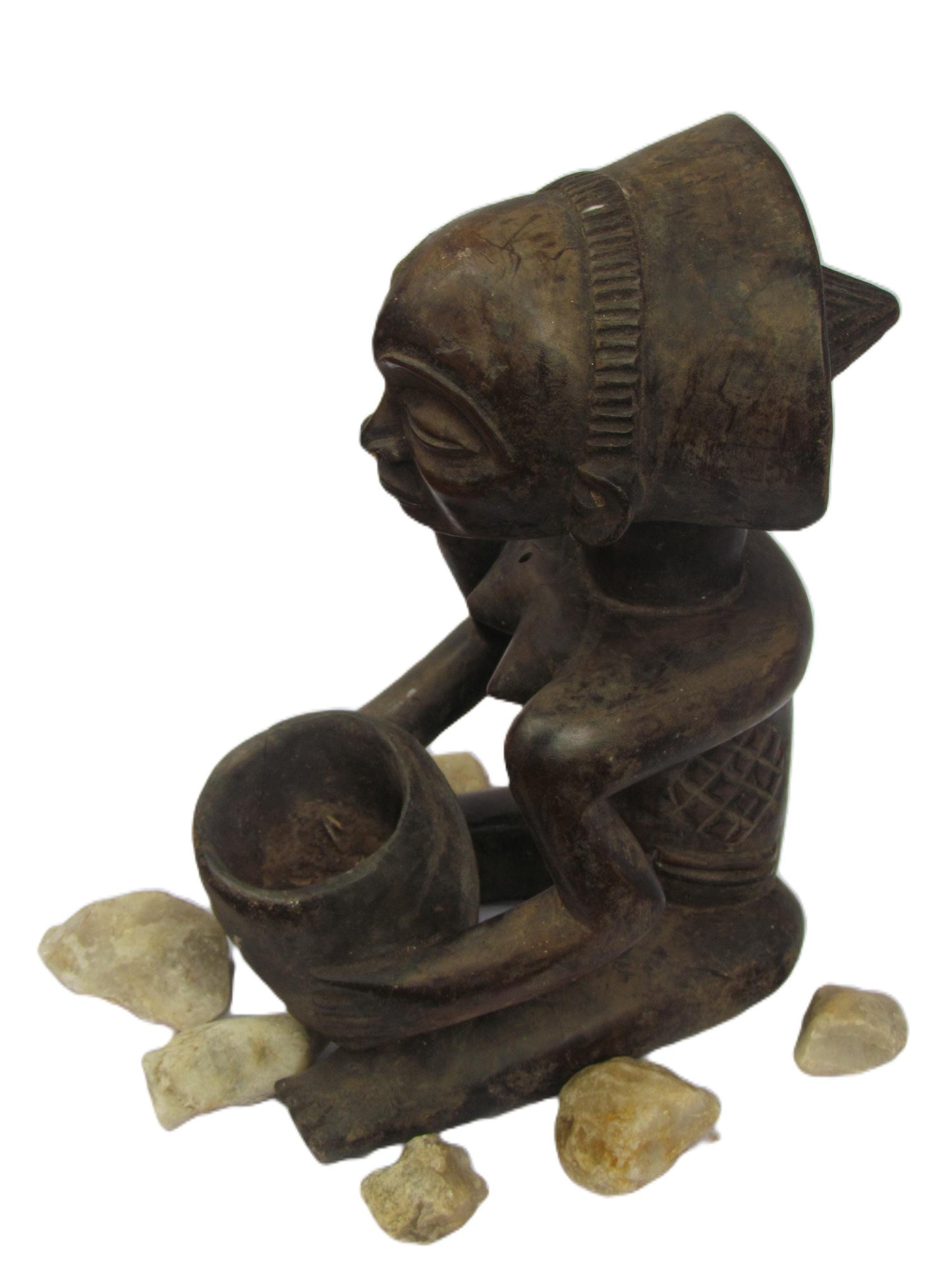 Statue de devineresse Luba – Art tribal africain du Congo et de Zambie | Figurine rituelle en bois sculptée à la main avec bol