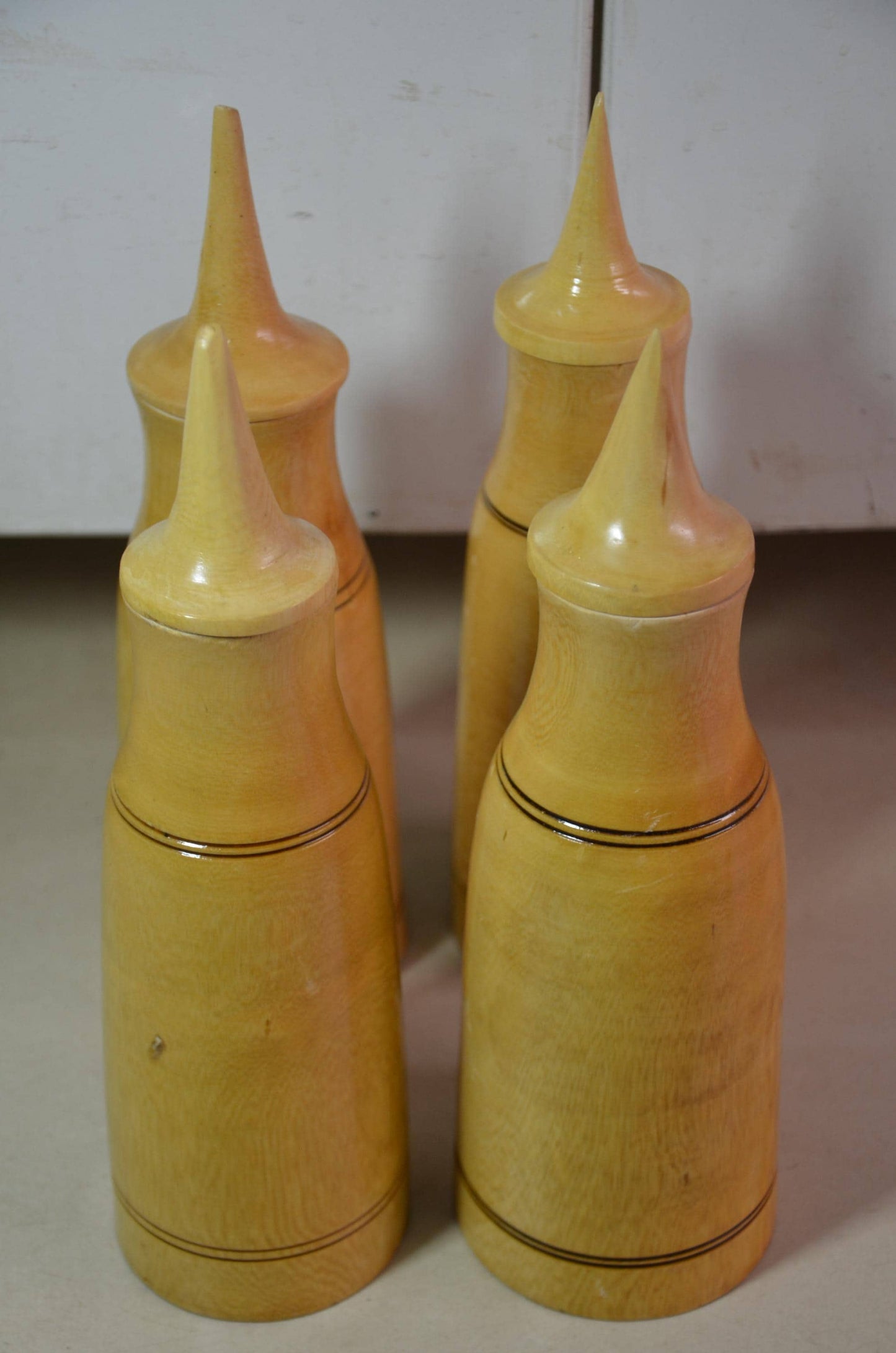 Blonde Wood Finial Bottles Set | Pointed Lid Canister Collection